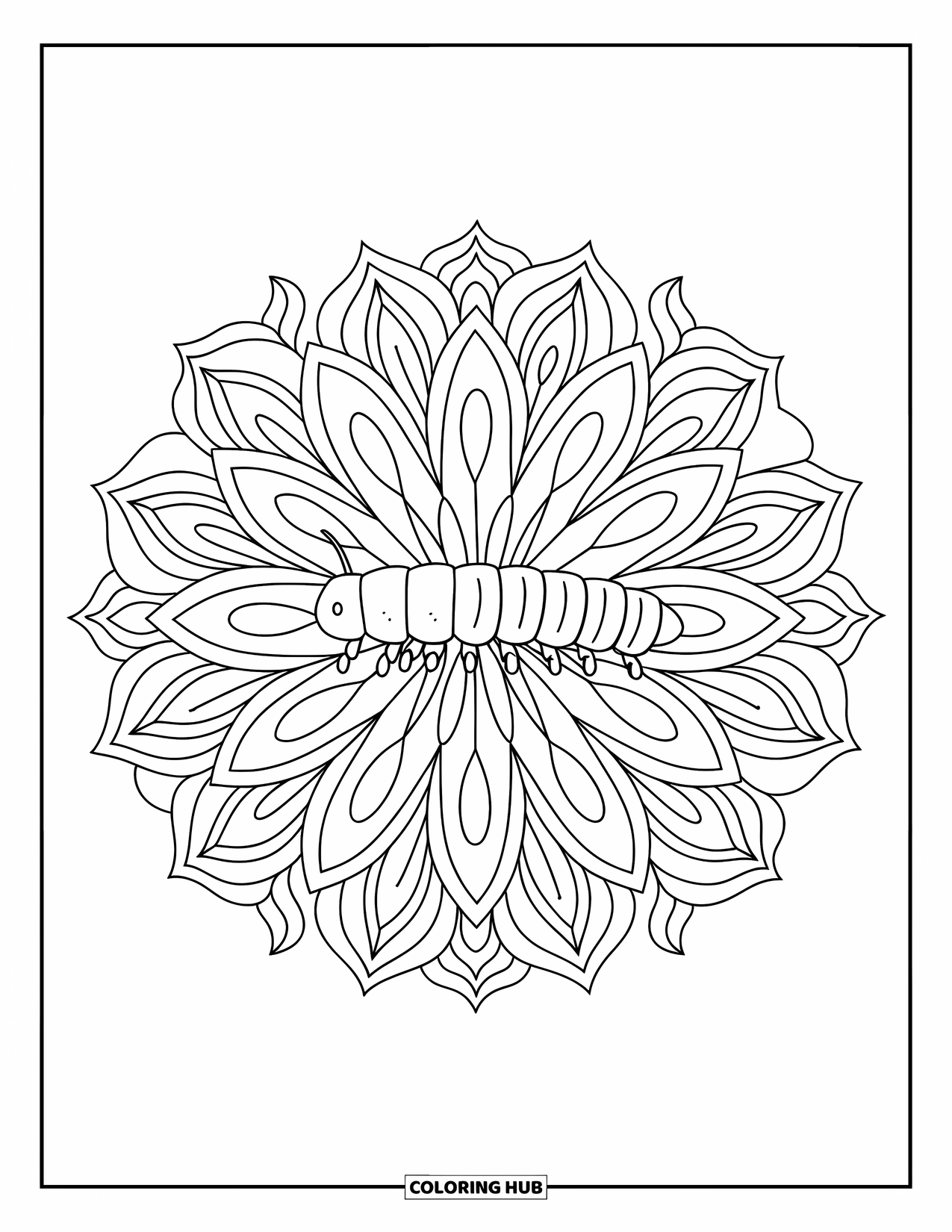 Desenho de lagarta para colorir para adultos: Uma lagarta descansa no centro de um desenho de flor de mandala com pétalas