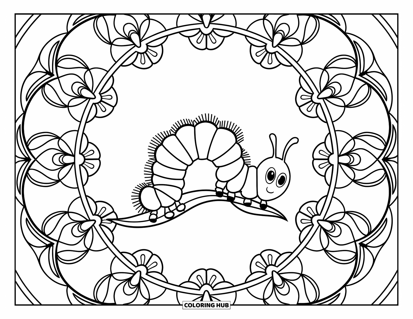 Desenho de lagarta para colorir para adultos: Uma lagarta descansa em uma folha cercada por anéis de mandalas florais e vinhas