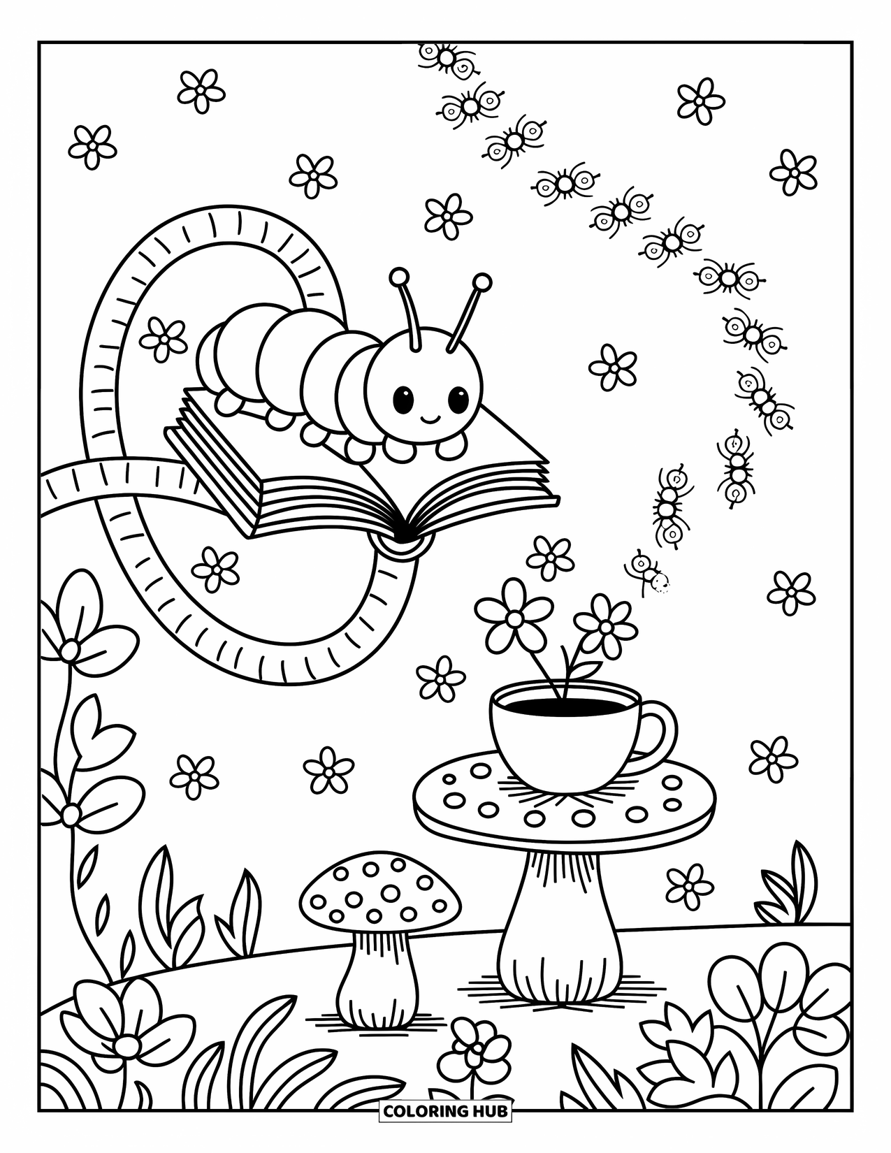 Desenho de Lagarta para Colorir para Adultos: Uma lagarta descansa com um livro em uma videira enquanto formigas carregam pétalas nas proximidades