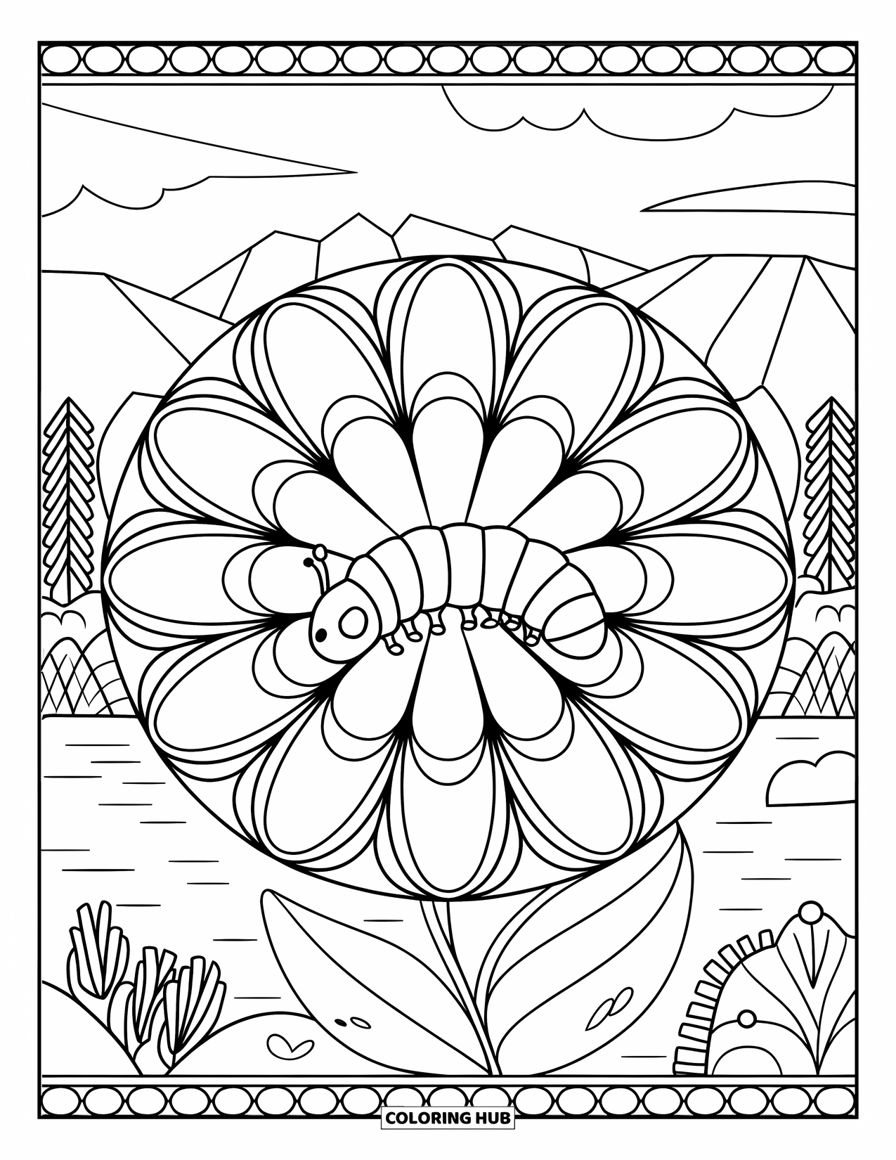 Desenho de lagarta para colorir para adultos: Uma lagarta senta-se em uma folha no coração de uma mandala com um cenário panorâmico