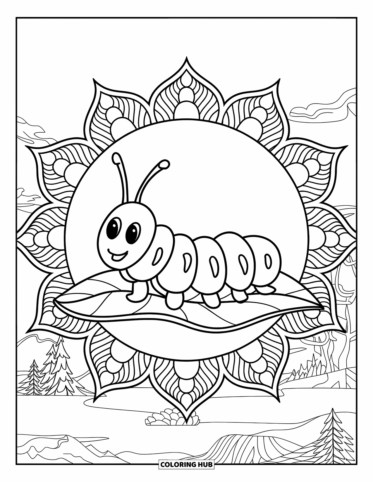 Desenho de Lagarta para Colorir para Adultos: Uma lagarta senta-se em uma folha emoldurada por um grande mandala de lótus com linhas de fundo fluidas