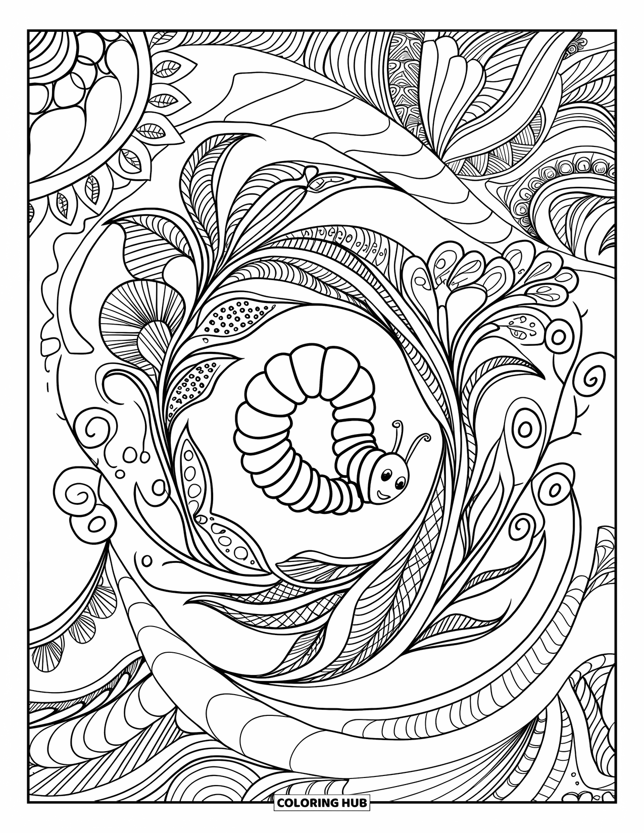 Desenho de lagarta para colorir para adultos: Uma lagarta enrolada descansa em um jardim zentangle de flores e folhas rodopiantes