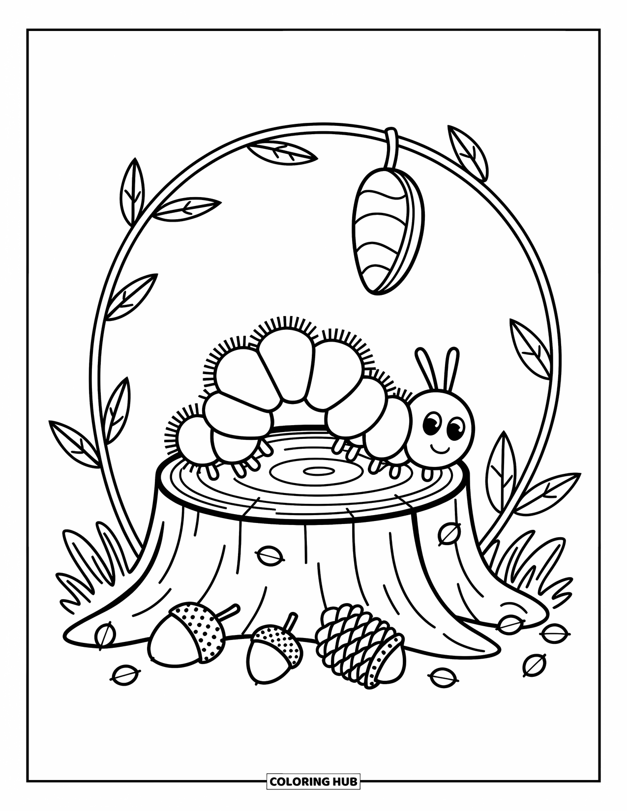 Desenho de Lagarta para Colorir para Adultos: Uma lagarta feliz se move sobre um toco enquanto uma crisálida pende de um galho acima