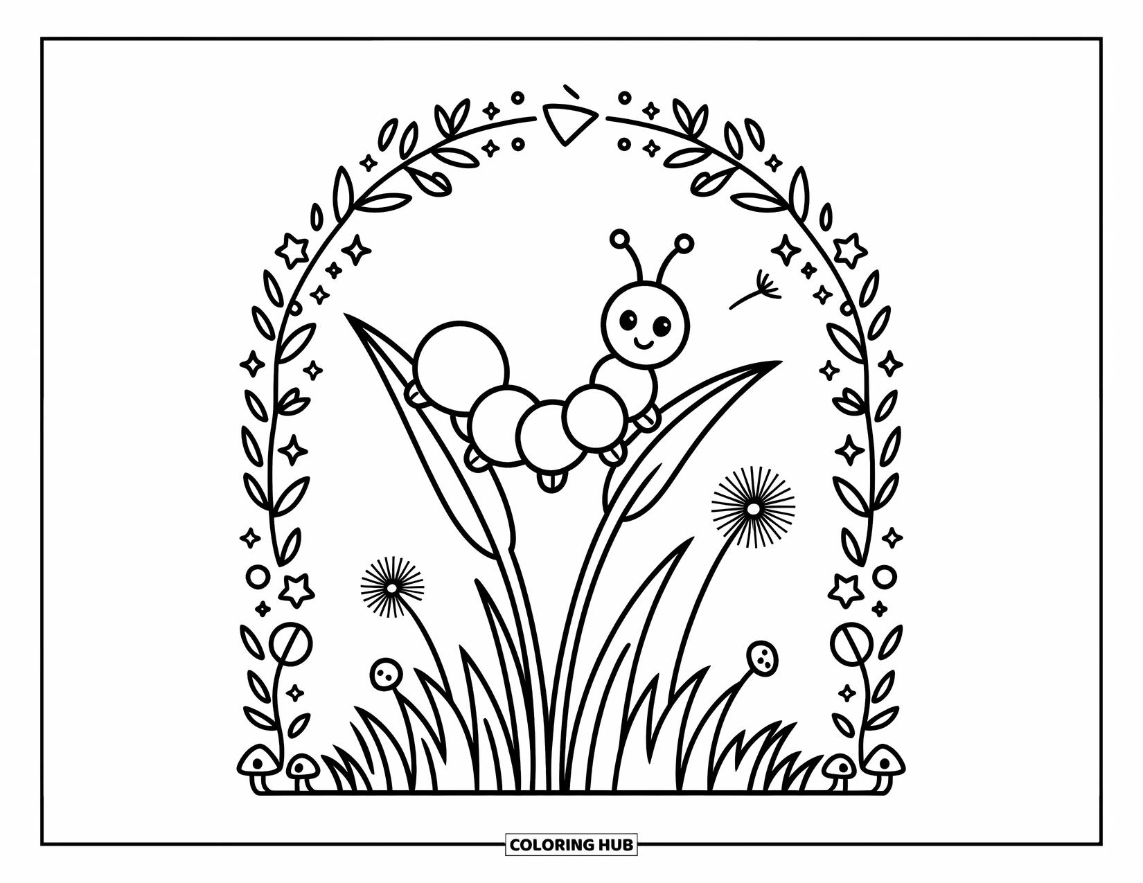 Desenho de Lagarta para Colorir para Adultos: Uma lagarta feliz balança em uma folha de grama com estrelas, cogumelos e folhas ao redor