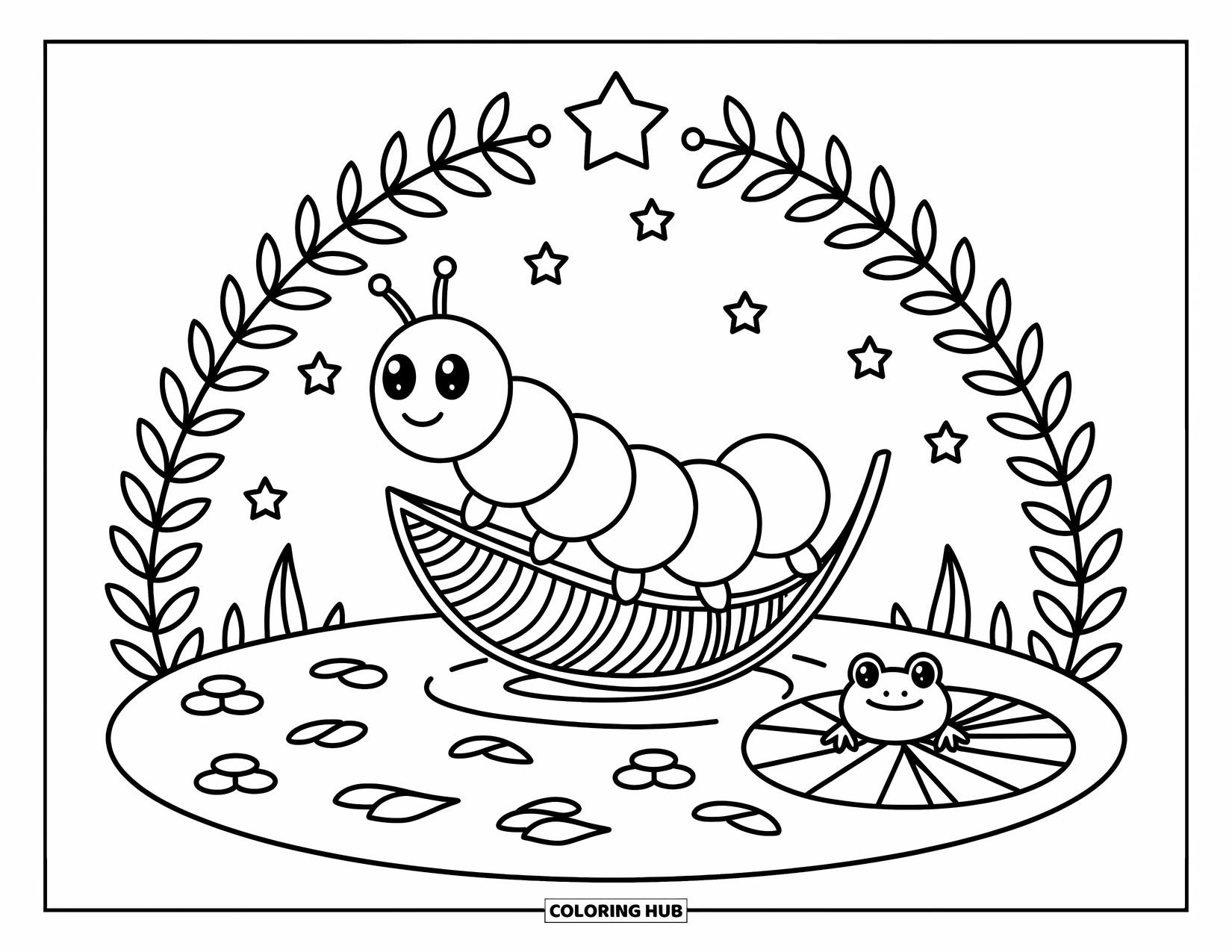 Desenho de lagarta para colorir para adultos: Uma pequena lagarta se equilibra em um barco de folha enquanto um sapo observa da água abaixo