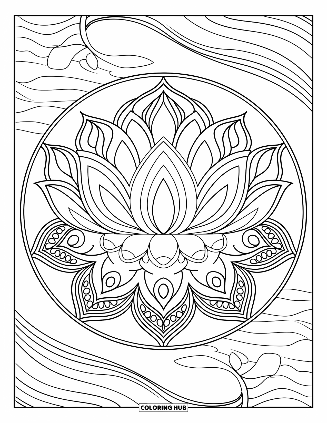 Desenho de Lagarta para Colorir para Adultos: Um mandala de lótus cerca uma lagarta, com pétalas aneladas e um fundo branco calmo