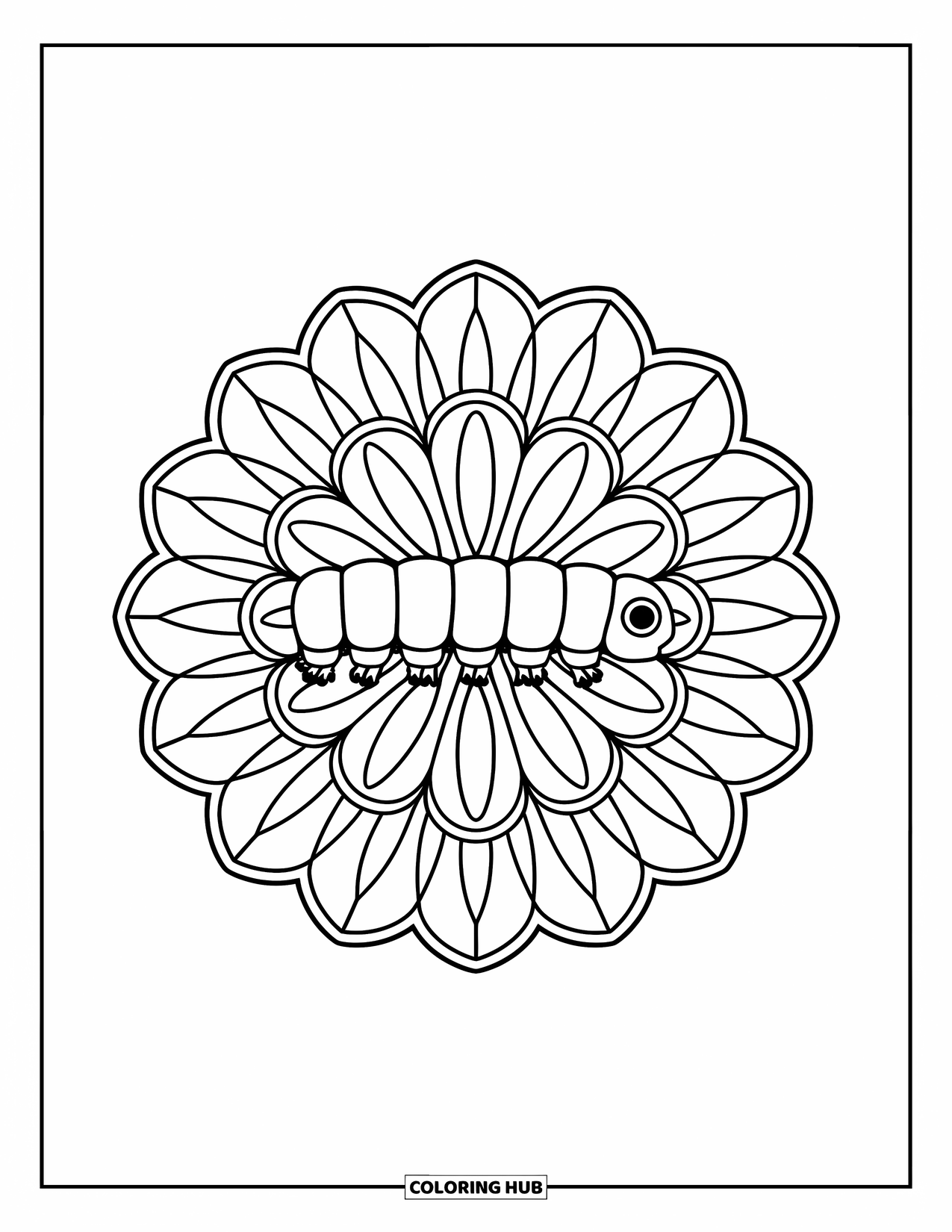 Desenho de lagarta para colorir para adultos: Uma flor de mandala envolve uma lagarta em seu centro tranquilo