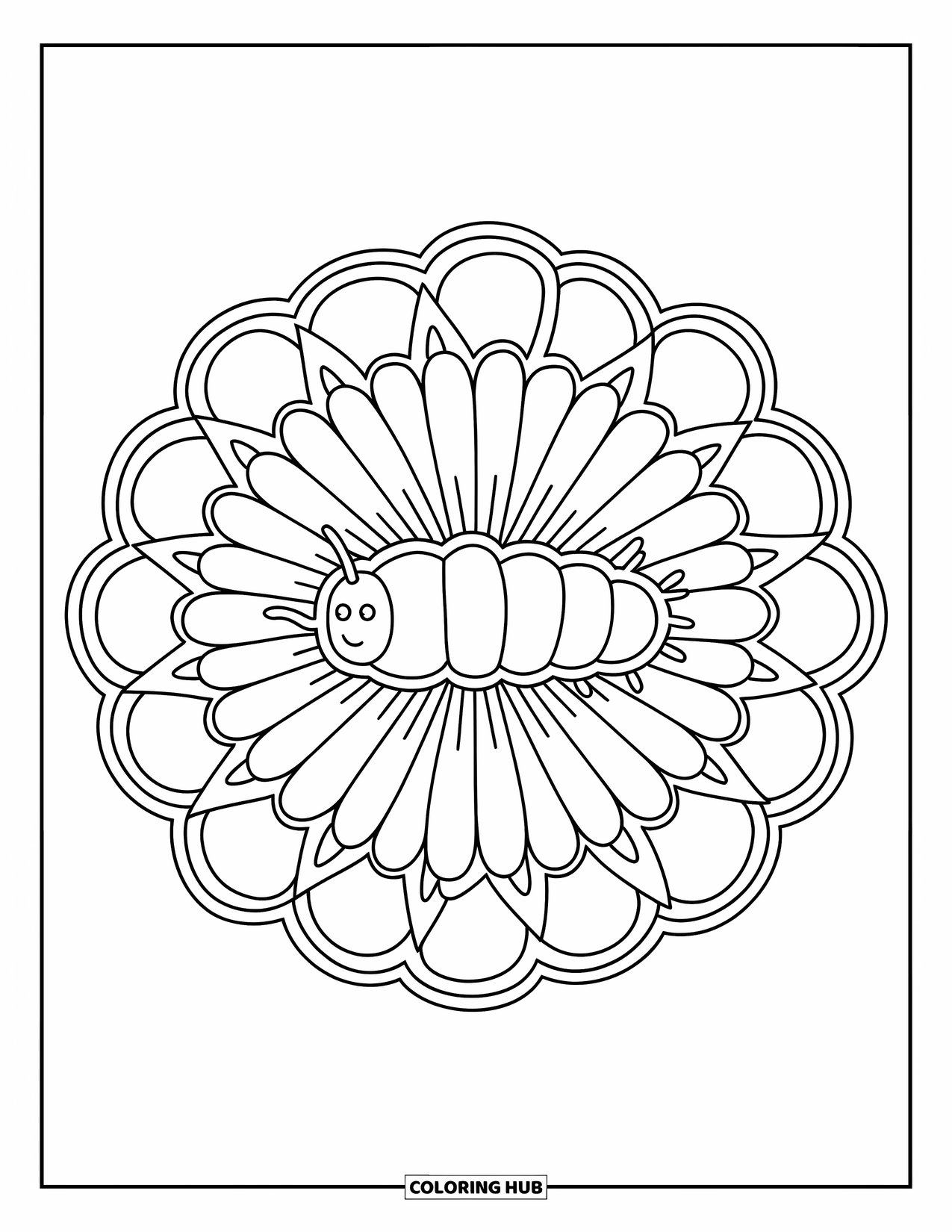 Desenho de lagarta para colorir para adultos: Uma flor de mandala com pétalas em camadas apresenta uma lagarta em seu centro