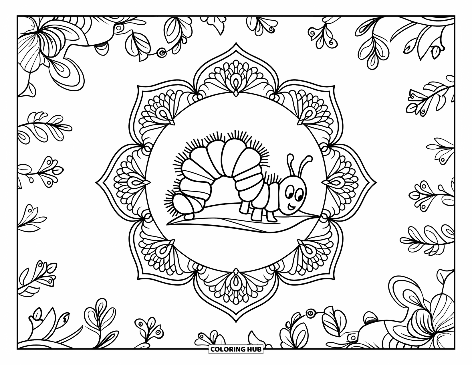 Desenho de lagarta para colorir para adultos: Uma lagarta tranquila descansa dentro de vinhas de mandala em camadas em uma página branca limpa