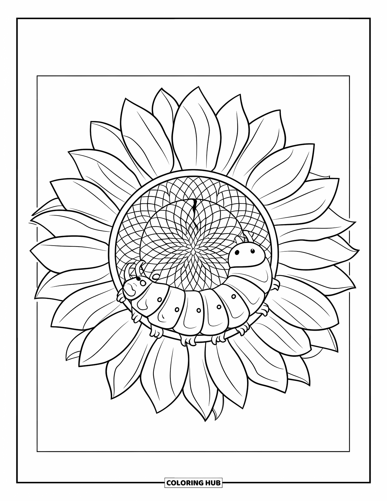 Desenho de Lagarta para Colorir para Adultos: Um mandala de girassol cerca uma lagarta sentada em suas pétalas