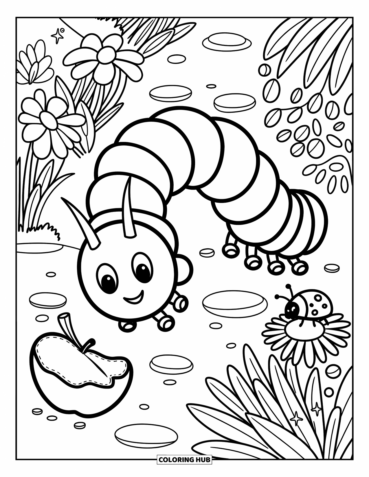 Desenho de Lagarta para Colorir para Adultos: Uma lagarta de olhos arregalados caminha por uma margarida e uma maçã com gotas de orvalho agarradas às folhas
