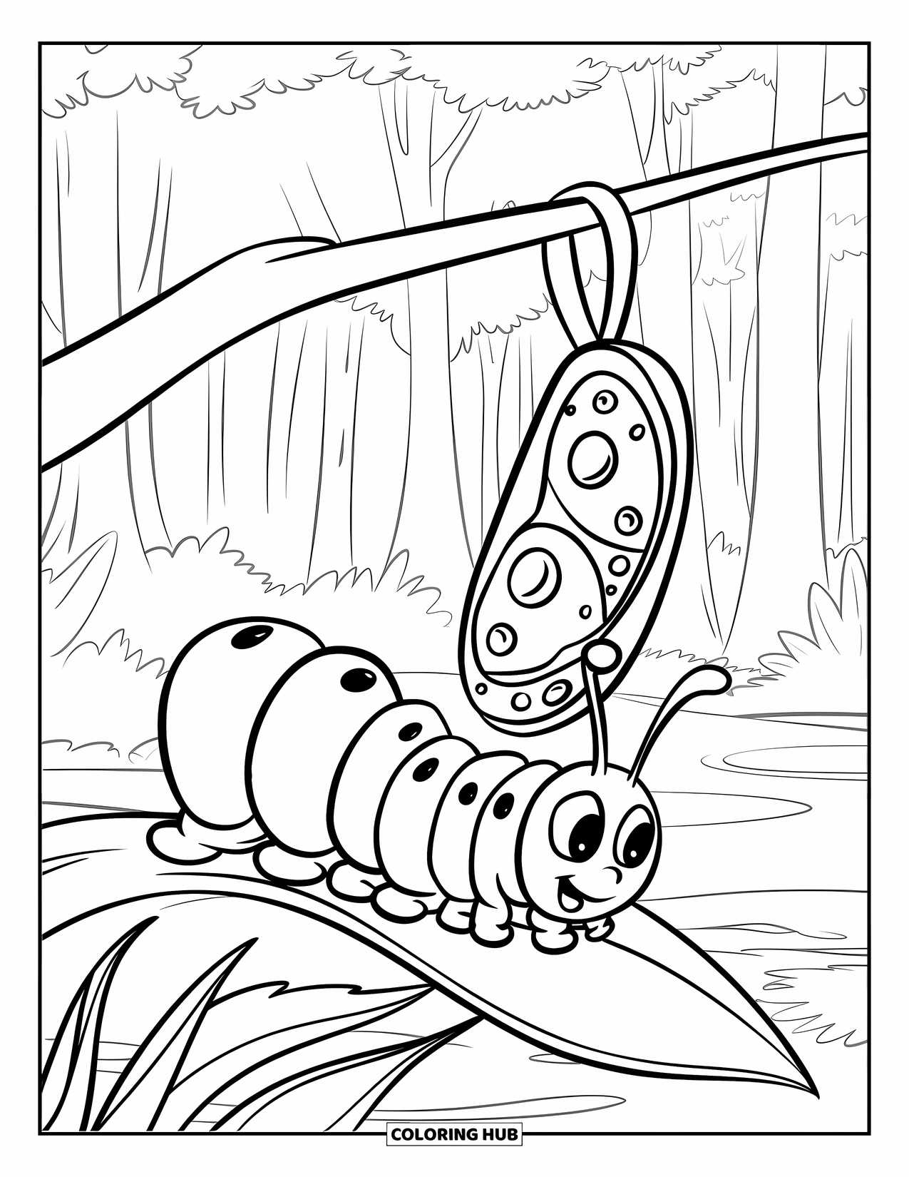 Desenho de Lagarta para Colorir para Crianças: Uma lagarta e uma crisálida sentam-se pacificamente em uma floresta de árvores altas