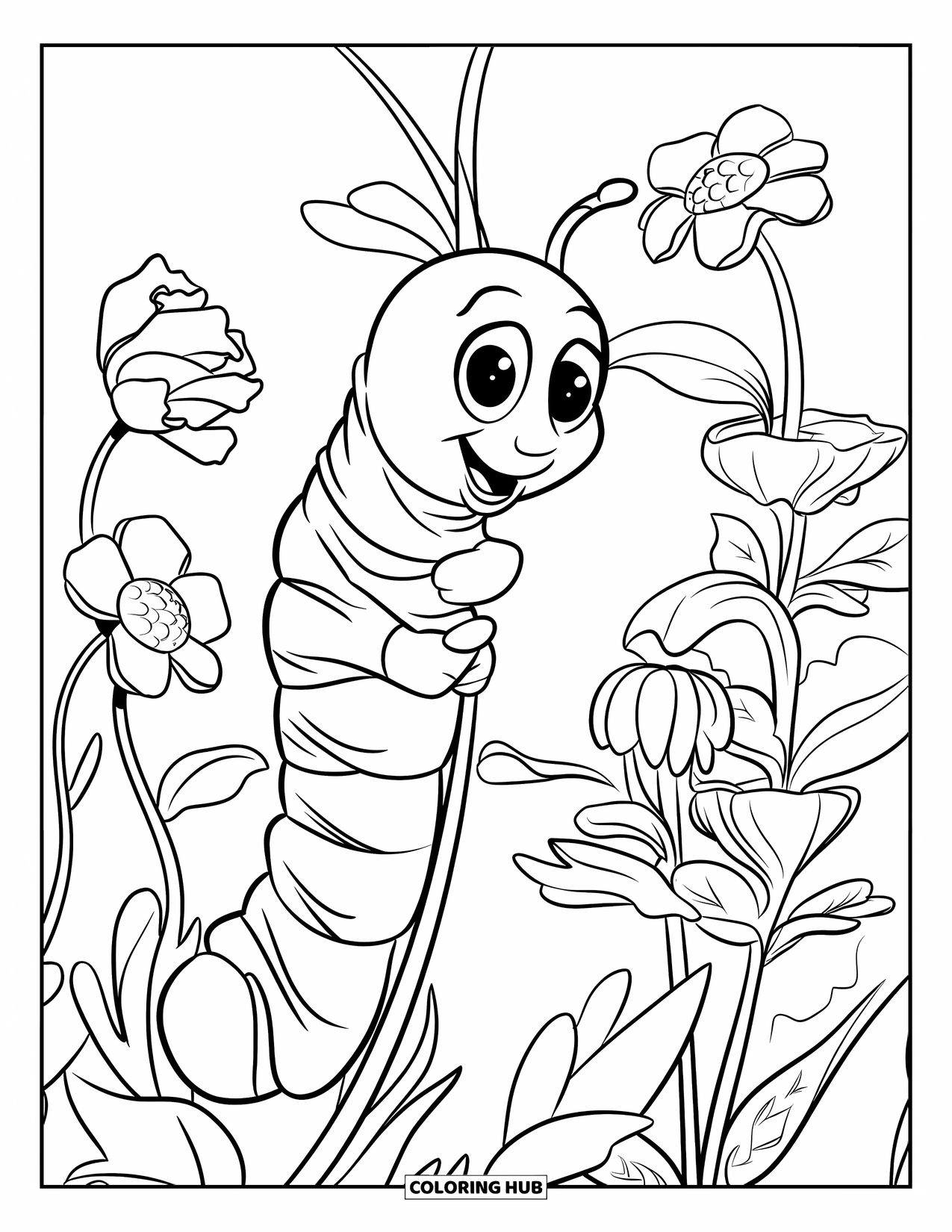 Desenho de Lagarta para Colorir para Crianças: Uma lagarta escala um caule de flor alto em um jardim florido