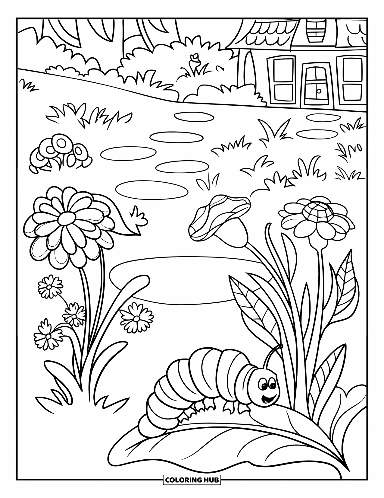 Desenho de Lagarta para Colorir para Crianças: Uma lagarta rasteja sobre uma folha ao lado de um caminho de jardim alinhado com flores