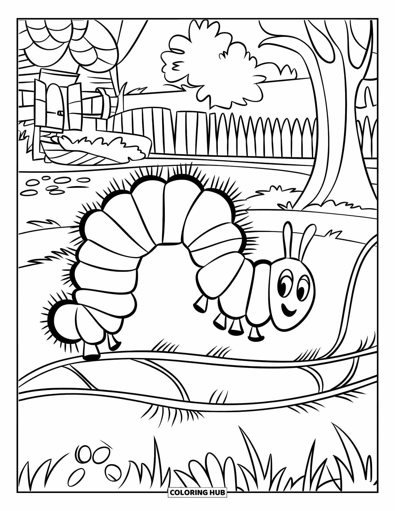 Desenho de Lagarta para Colorir para Crianças: Uma lagarta rasteja ao longo de uma videira ensolarada em um jardim tranquilo