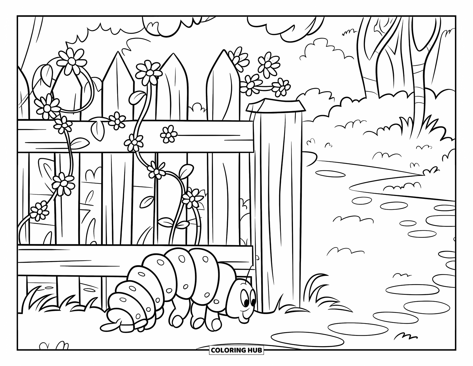 Desenho de Lagarta para Colorir para Crianças: Uma lagarta rasteja sob uma cerca cercada por videiras e árvores