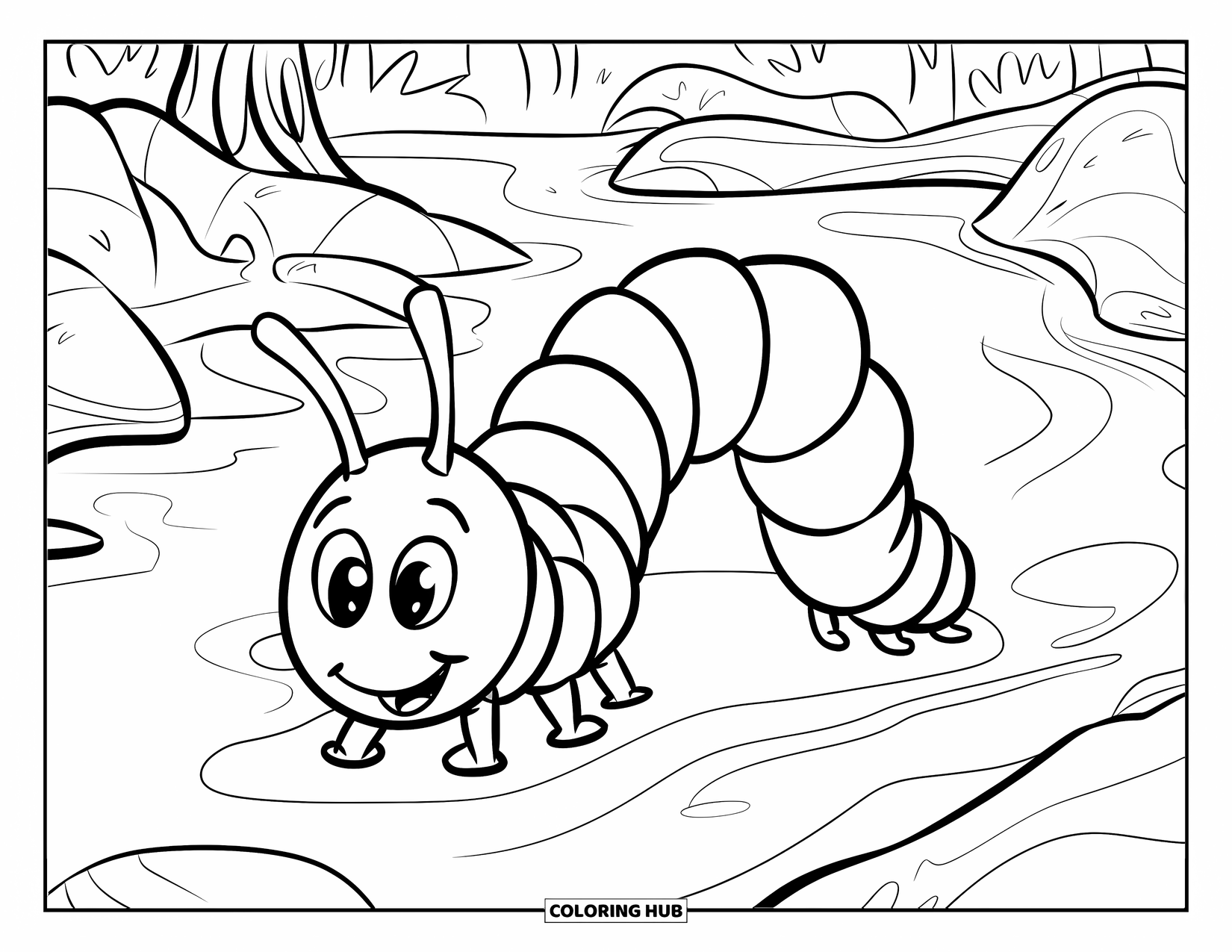 Desenho de Lagarta para Colorir para Crianças: Uma lagarta rasteja ao lado de um riacho em uma floresta pacífica