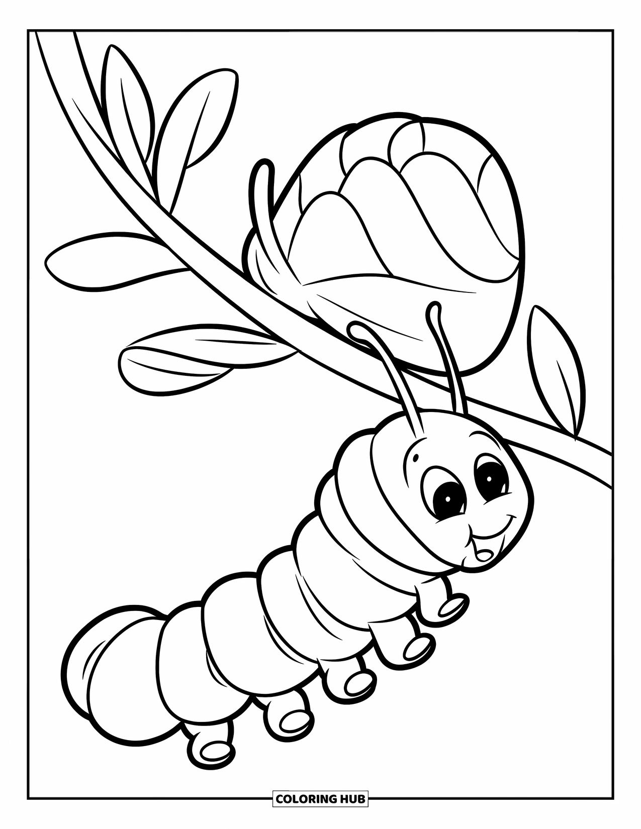 Desenho de Lagarta para Colorir para Crianças: Uma lagarta rasteja em direção a uma crisálida pendurada em um galho florido