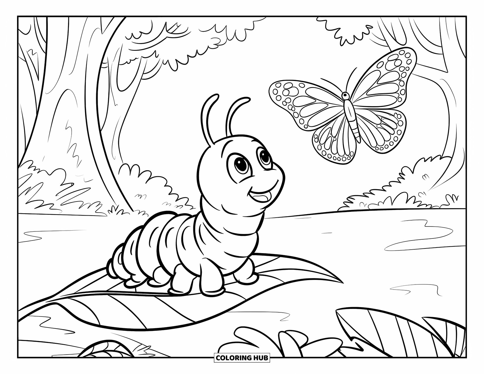 Desenho de Lagarta para Colorir para Crianças: Uma lagarta olha para uma borboleta voando acima em uma floresta tranquila