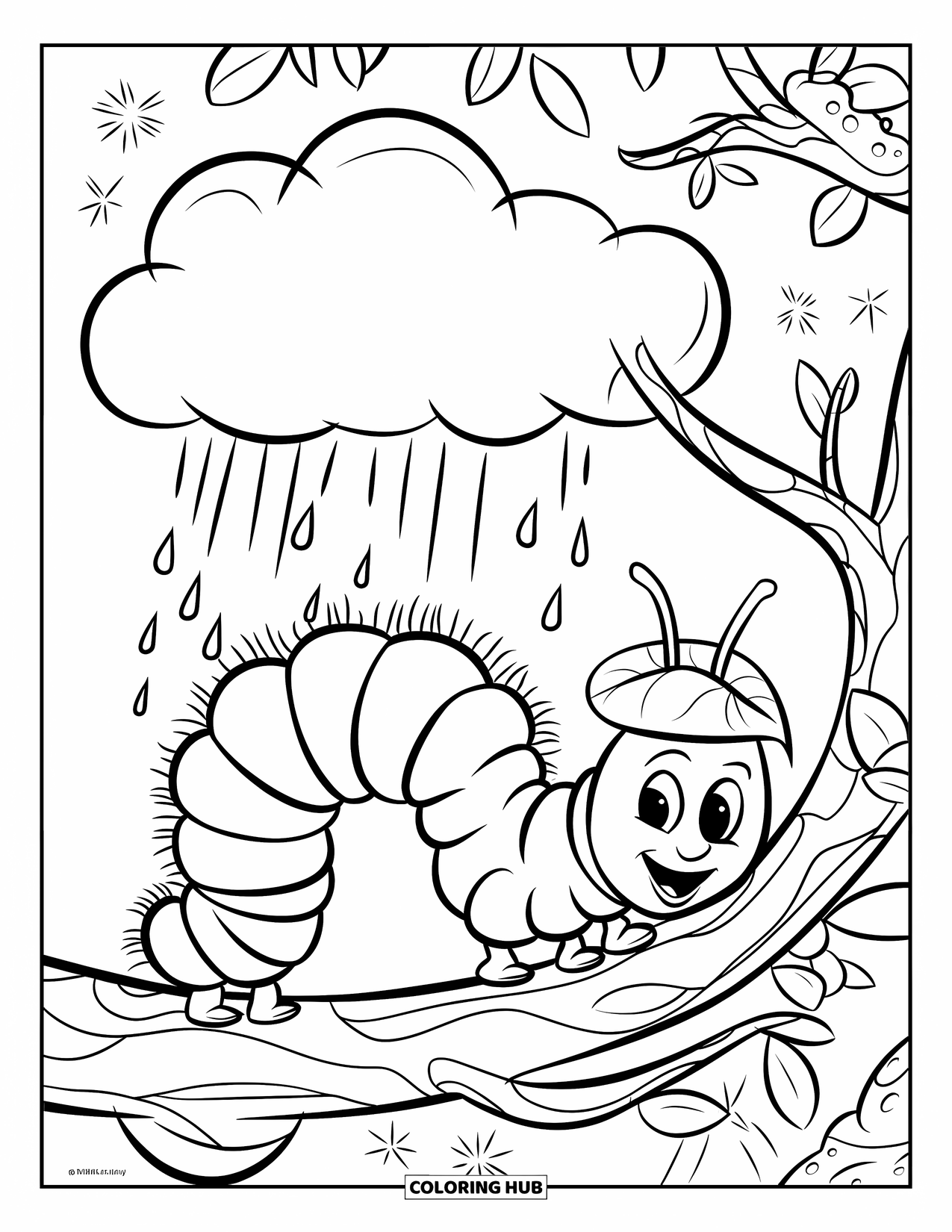 Desenho de Lagarta para Colorir para Crianças: Uma lagarta com um chapéu de folha rasteja ao longo de um galho com gotas de chuva caindo nas proximidades