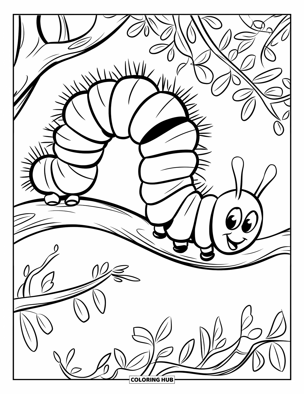 Desenho de Lagarta para Colorir para Crianças: Uma lagarta com um chapéu minúsculo rasteja lentamente por um galho de árvore frondoso