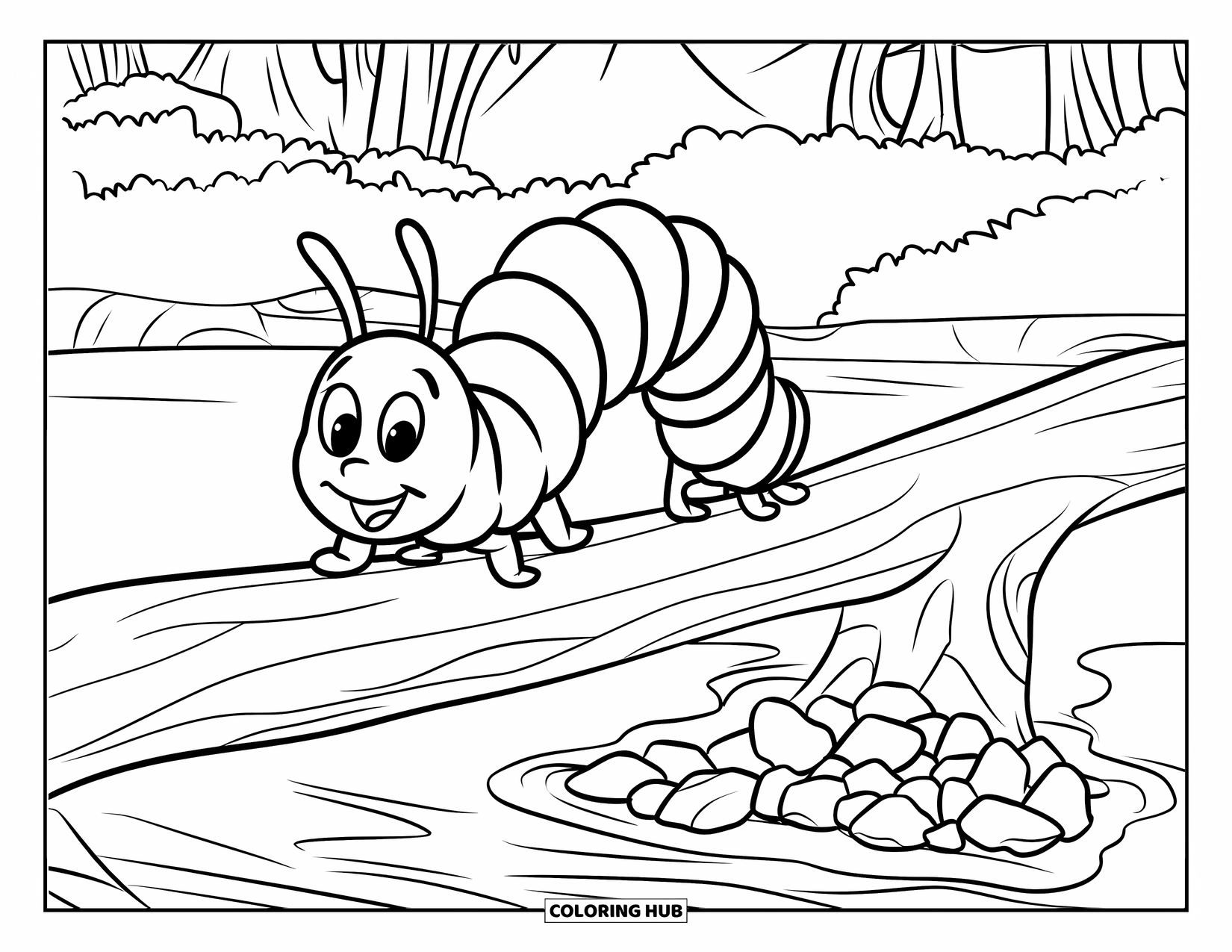 Desenho de Lagarta para Colorir para Crianças: Uma lagarta com um chapéu minúsculo atravessa um tronco perto da água e das montanhas