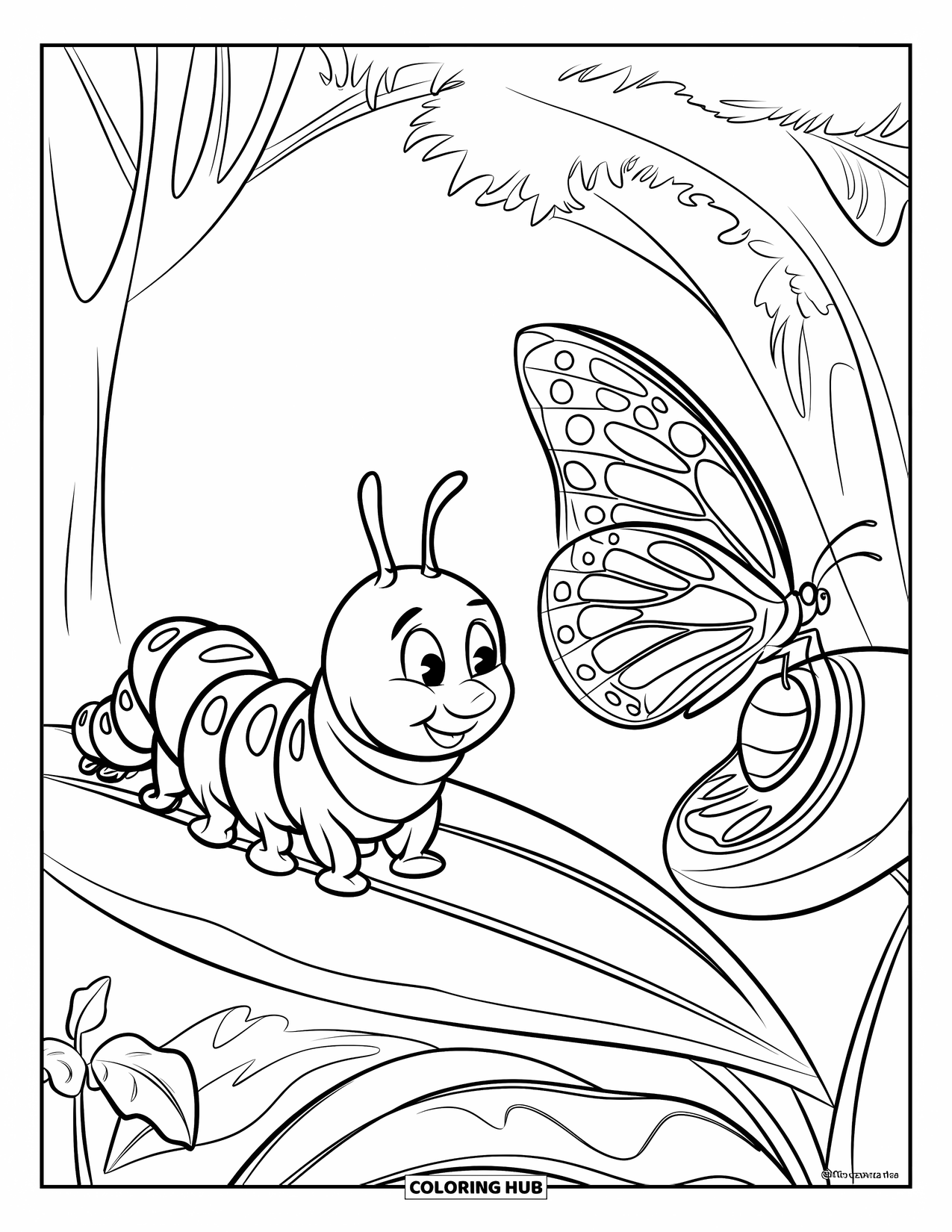 Desenho de Lagarta para Colorir para Crianças: Uma lagarta observa enquanto uma borboleta começa a emergir nas proximidades