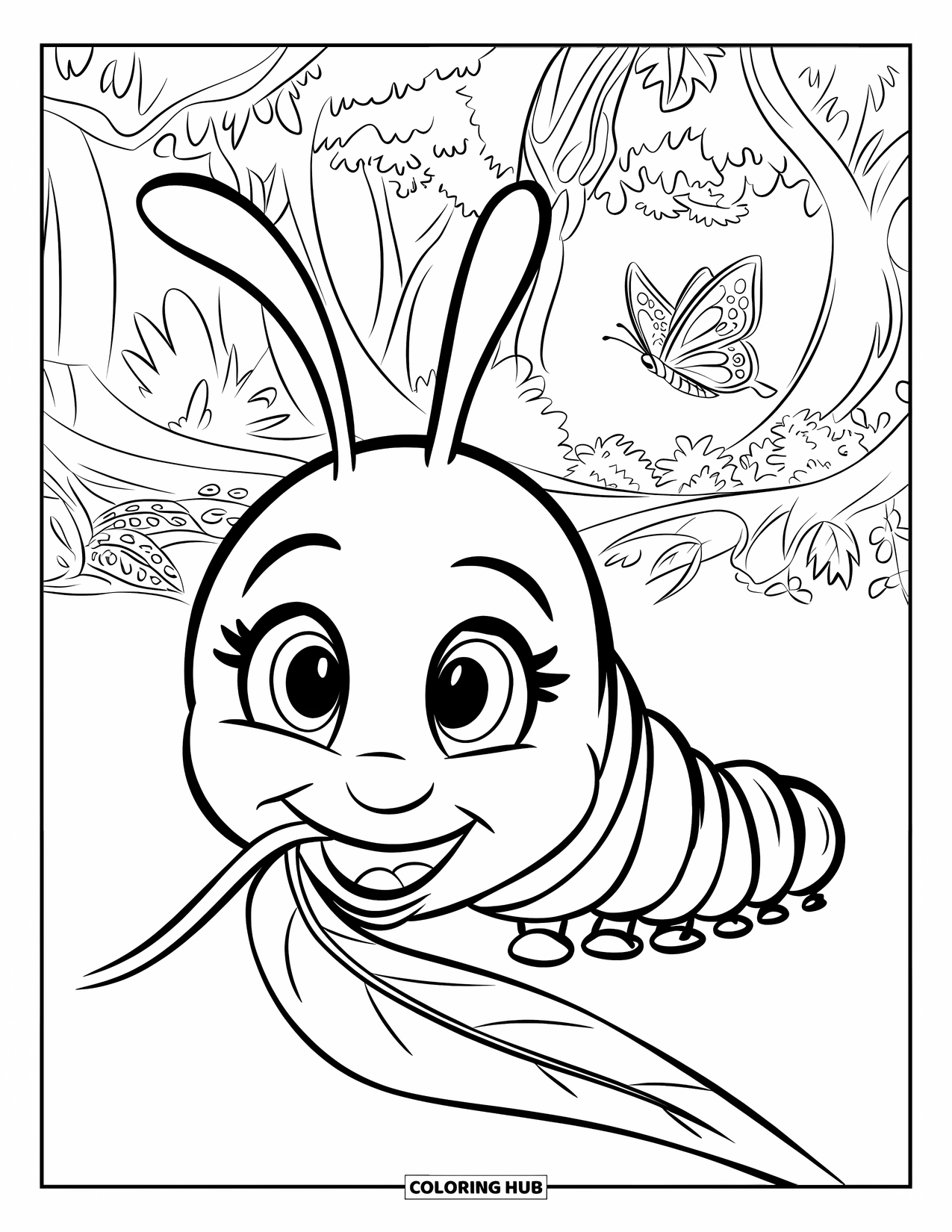 Desenho de Lagarta para Colorir para Crianças: Uma lagarta mastiga uma folha enquanto uma borboleta voa à distância