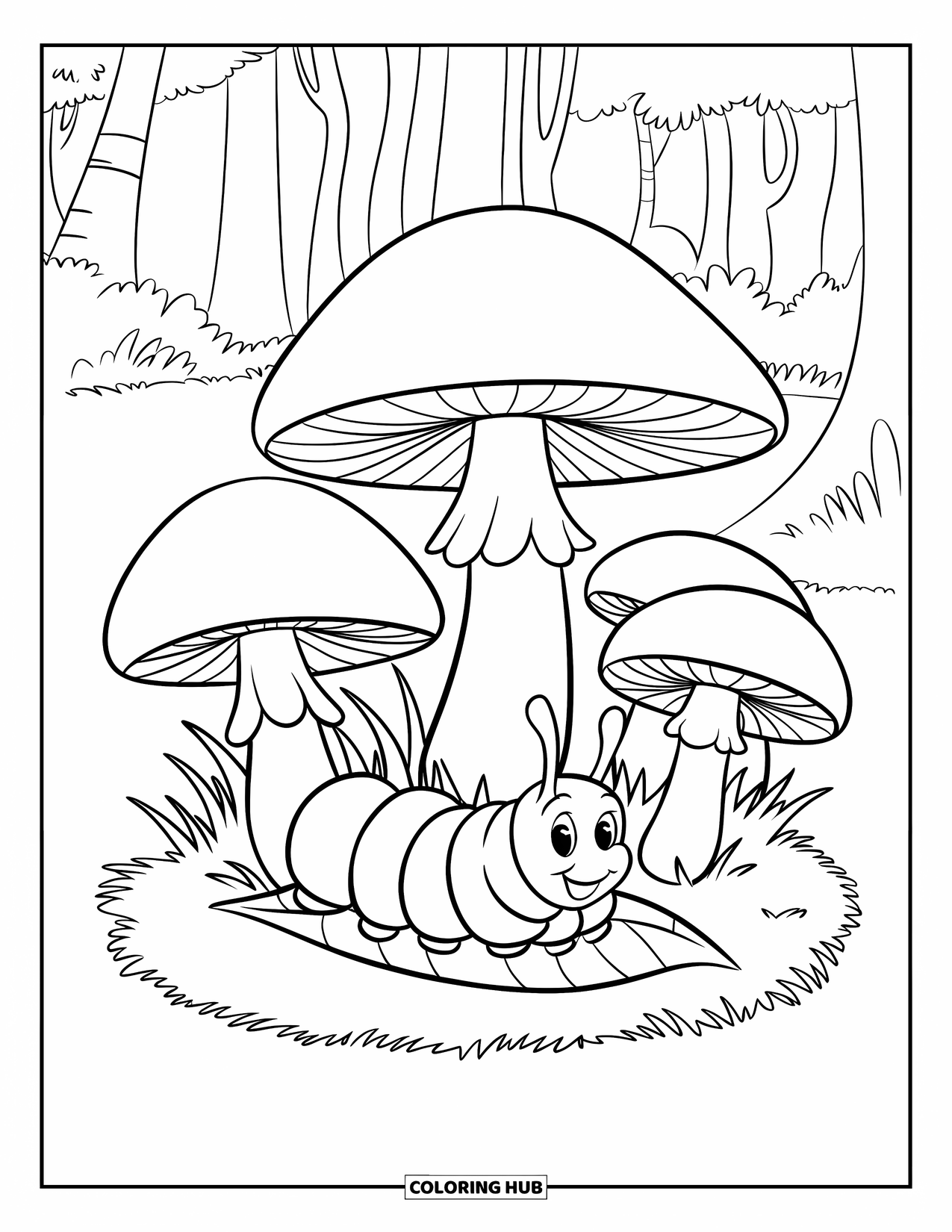 Desenho de Lagarta para Colorir para Crianças: Uma lagarta relaxa em uma folha ao lado de cogumelos brancos altos na floresta