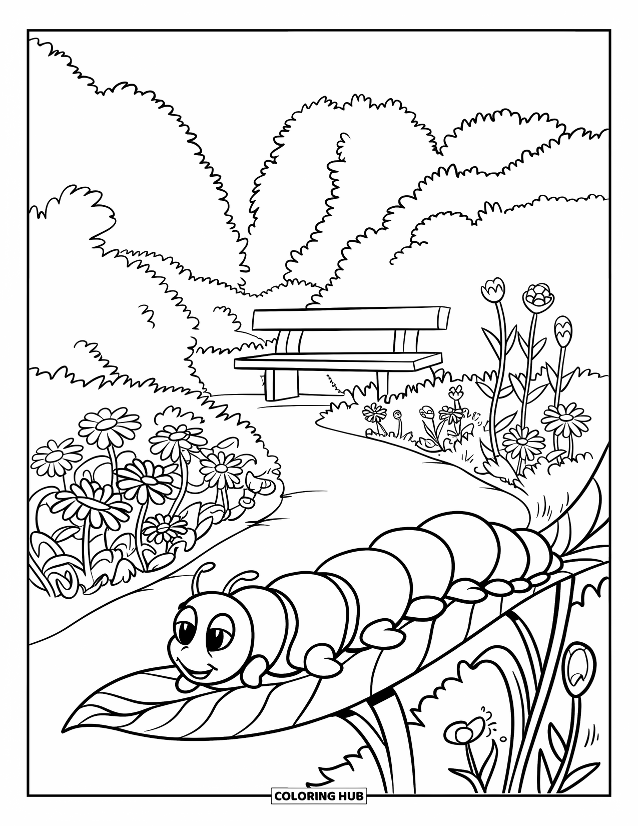 Desenho de Lagarta para Colorir para Crianças: Uma lagarta descansa perto de um caminho alinhado com flores com um banco no final