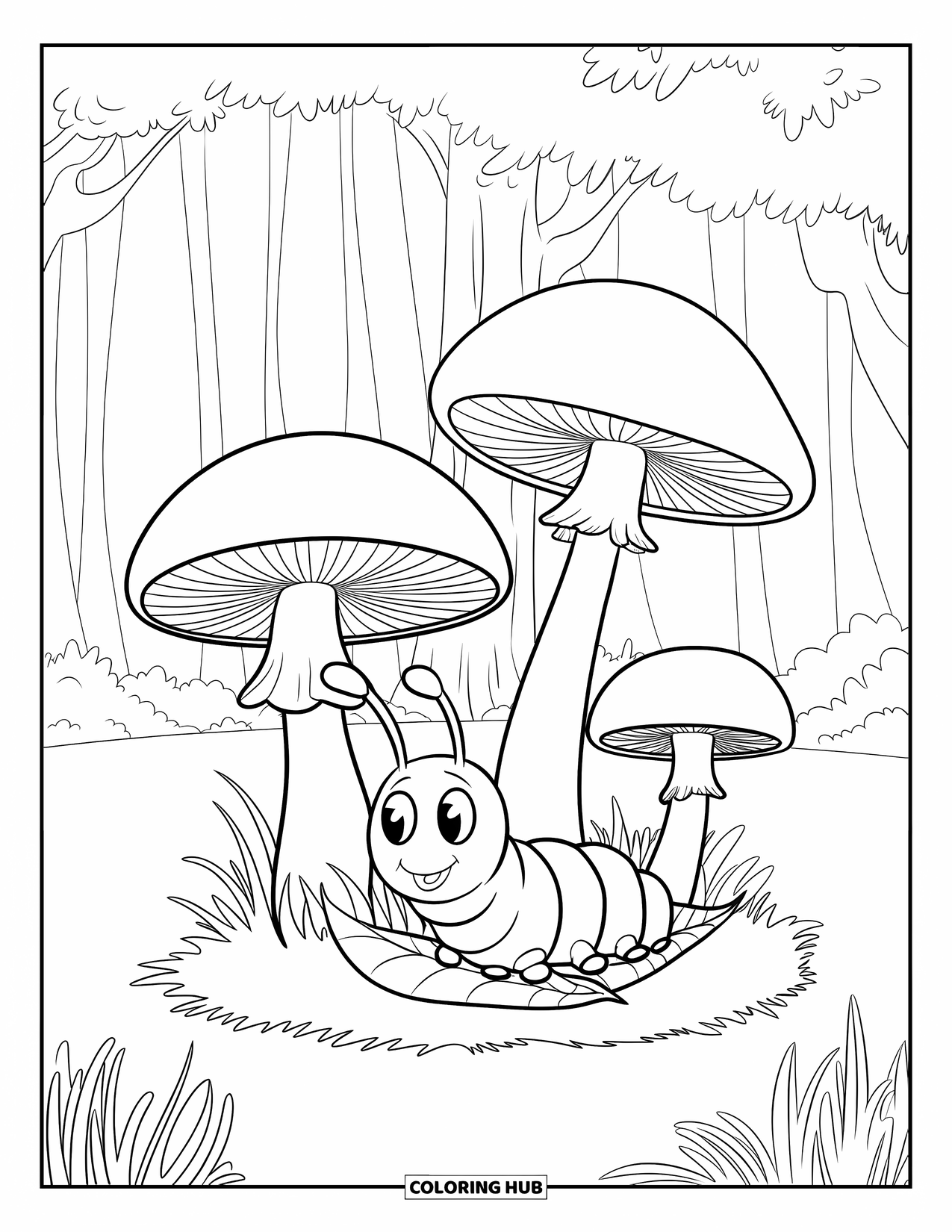 Desenho de Lagarta para Colorir para Crianças: Uma lagarta descansa em uma folha ao lado de três cogumelos na grama