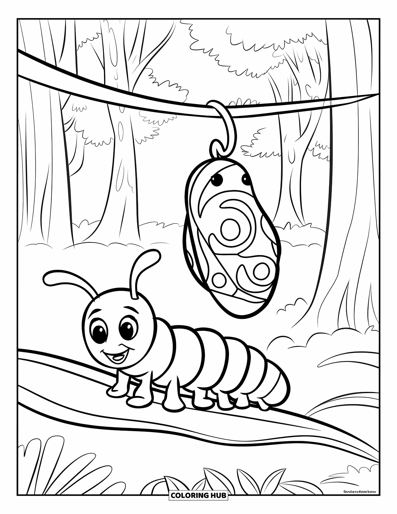 Desenho de Lagarta para Colorir para Crianças: Uma lagarta senta-se abaixo de uma crisálida pendurada em um galho na floresta