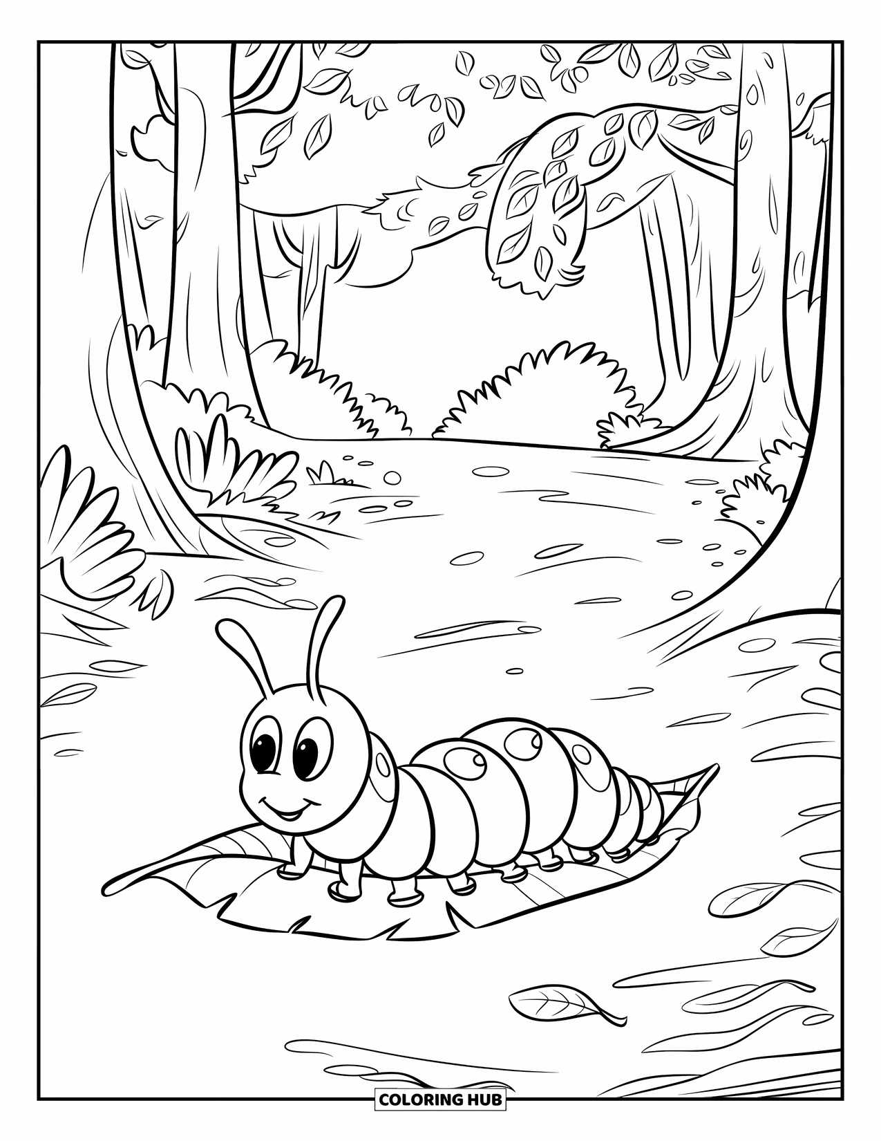 Desenho de Lagarta para Colorir para Crianças: Uma lagarta senta-se em uma folha ao longo de uma trilha cheia de galhos e árvores