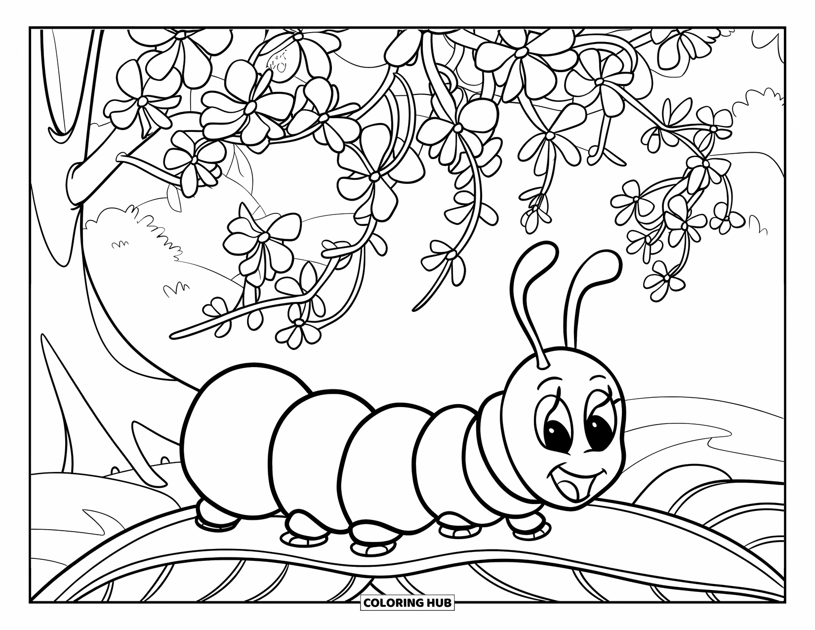Desenho de Lagarta para Colorir para Crianças: Uma lagarta senta-se em uma folha sob uma árvore cheia de flores desabrochando