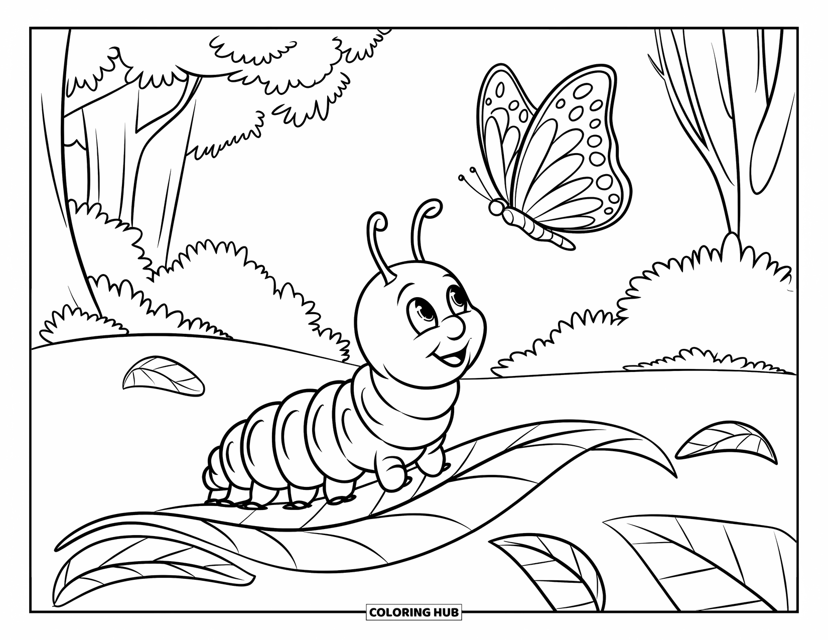 Desenho de Lagarta para Colorir para Crianças: Uma lagarta senta-se em uma folha, observando uma borboleta voar pelas árvores