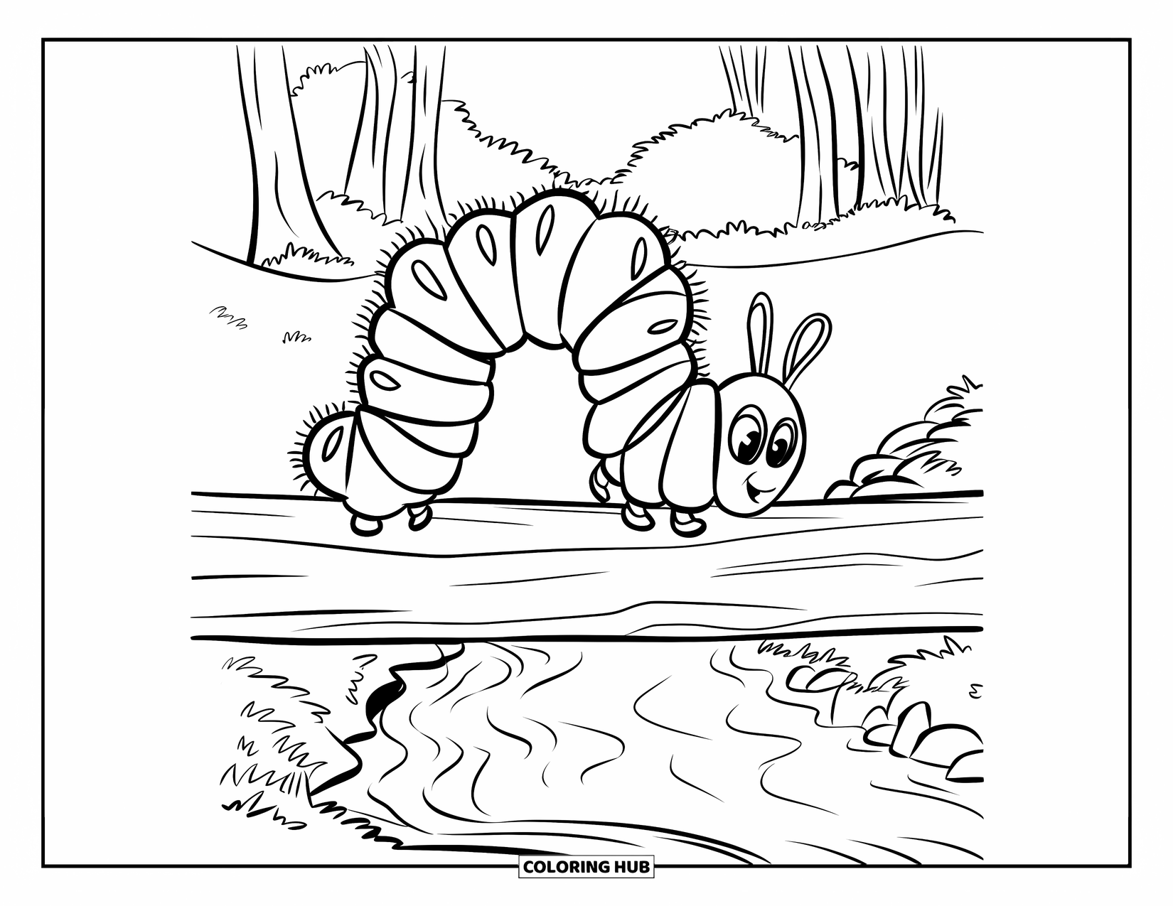 Desenho de Lagarta para Colorir para Crianças: Uma lagarta senta-se em um tronco que atravessa um riacho em uma floresta exuberante