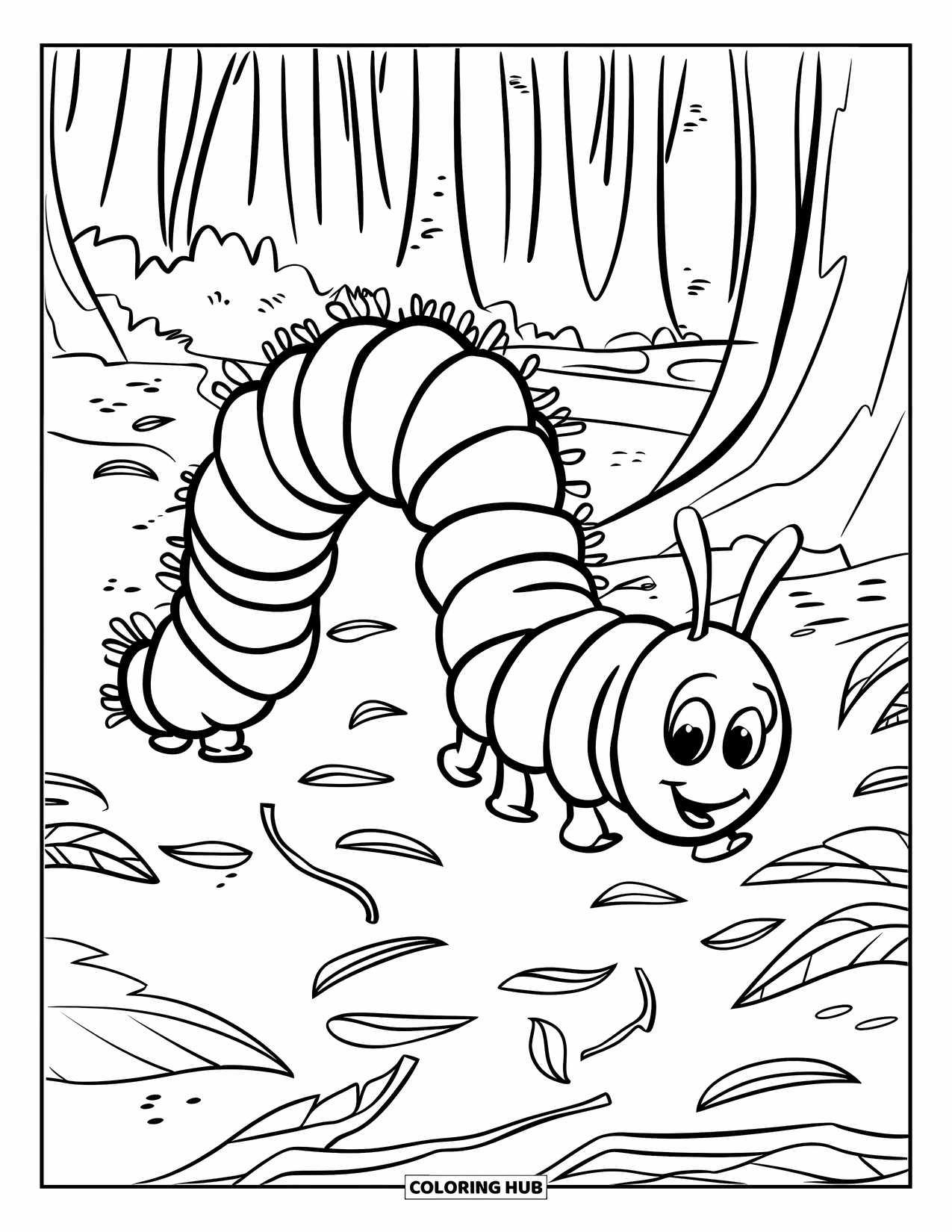 Desenho de Lagarta para Colorir para Crianças: Uma lagarta caminha ao longo de uma trilha florestal coberta de folhas com árvores altas ao redor