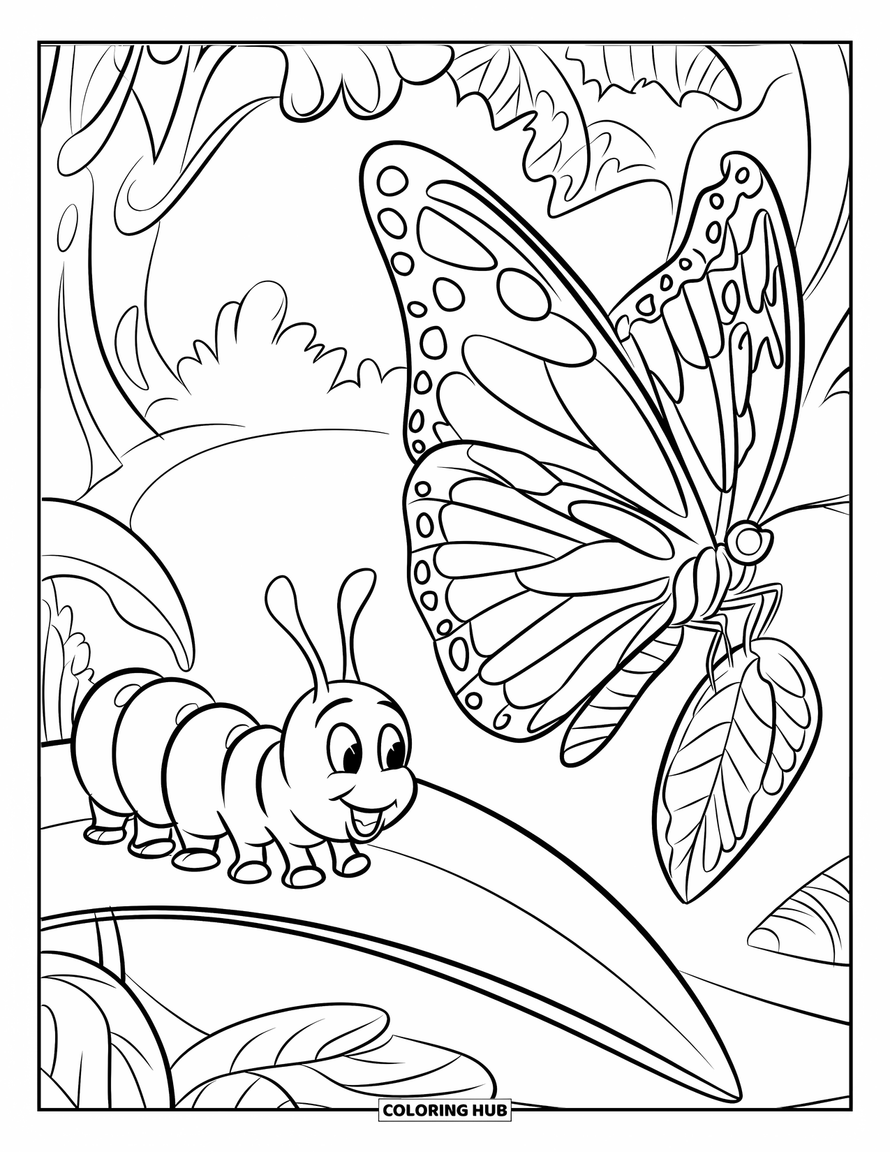 Desenho de Lagarta para Colorir para Crianças: Uma lagarta observa uma borboleta emergir de um casulo próximo