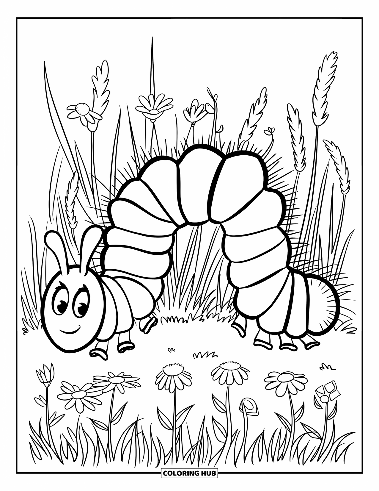 Desenho de Lagarta para Colorir para Crianças: Uma lagarta usando uma gravata borboleta se move através de gramas e flores altas