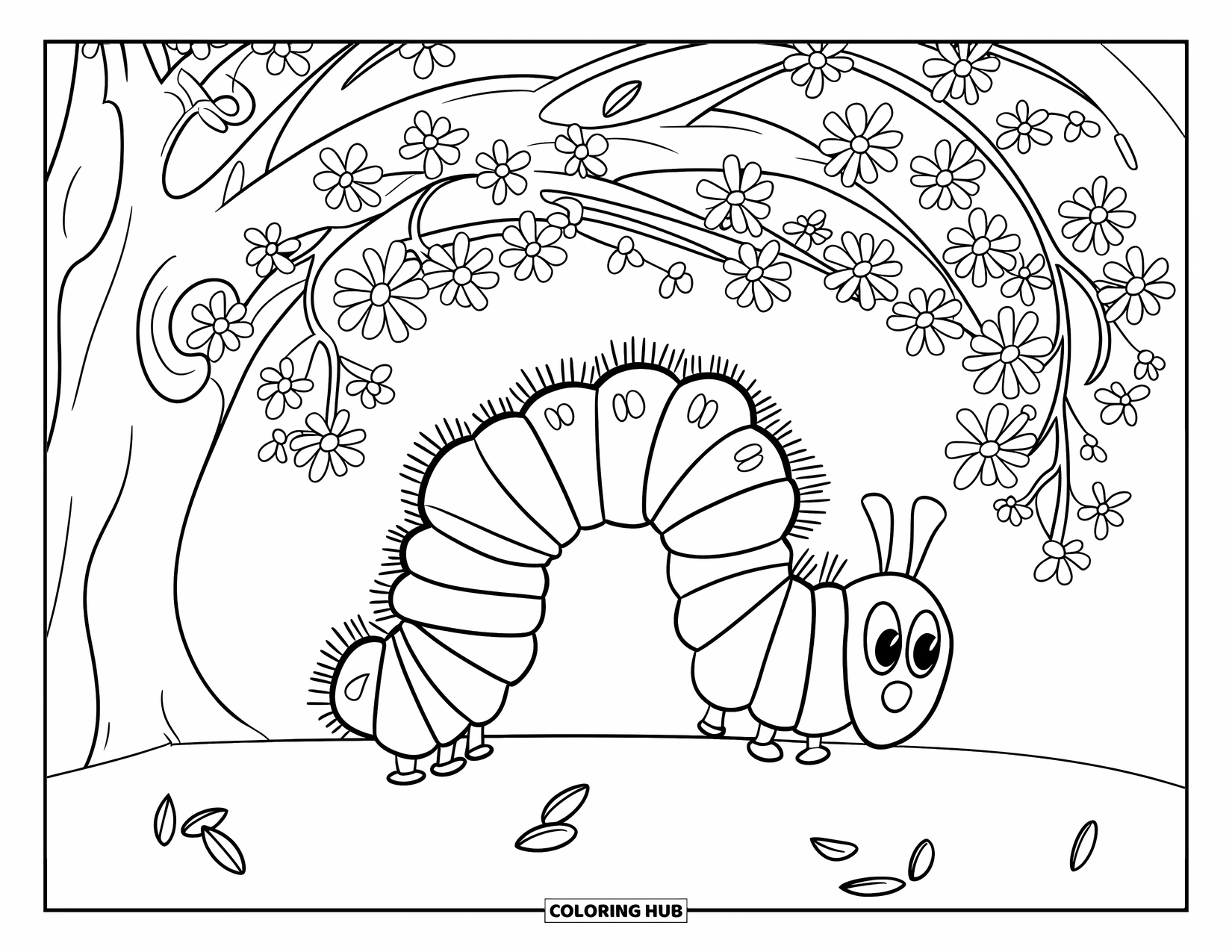 Desenho de Lagarta para Colorir para Crianças: Uma lagarta com marcas ousadas senta-se entre folhas caídas perto de uma árvore florida