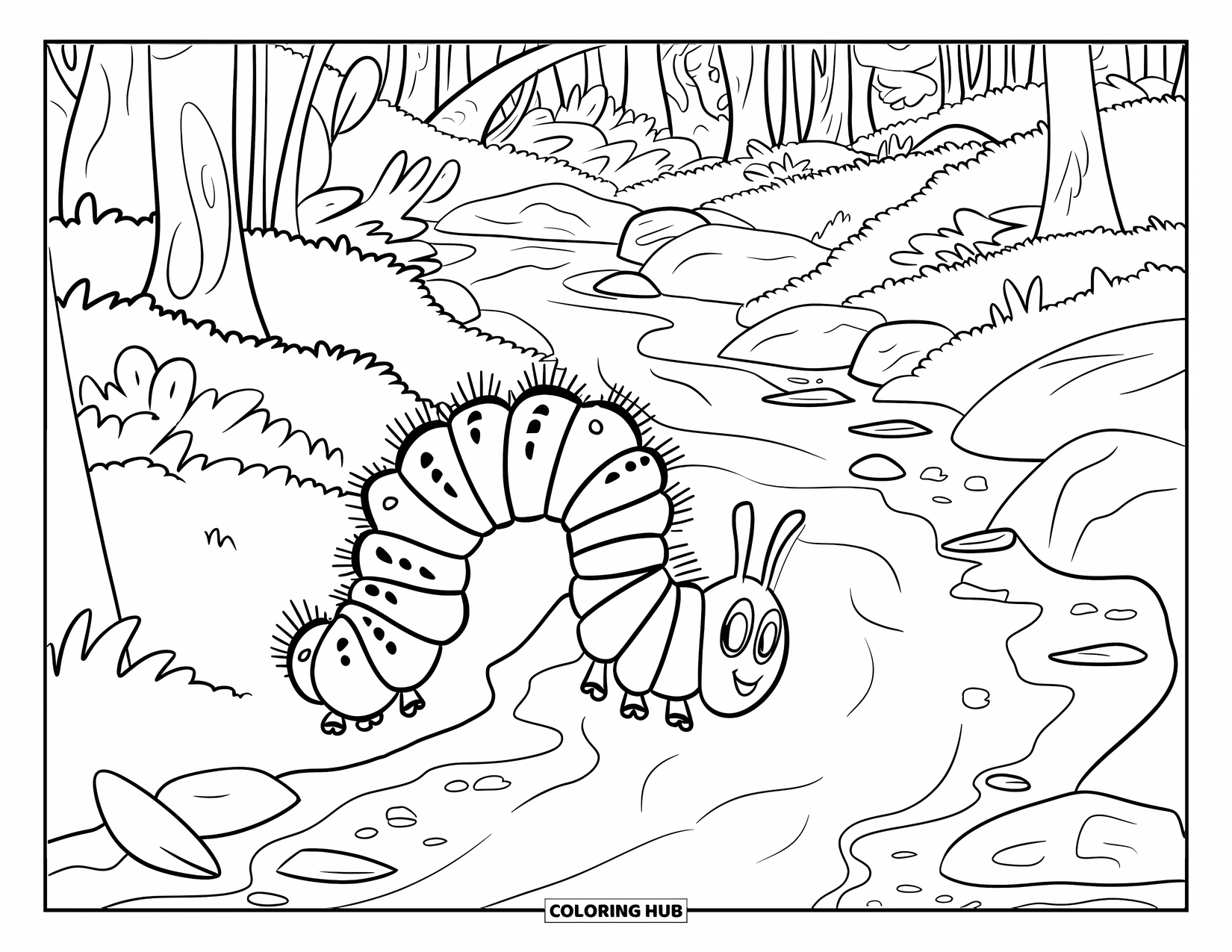 Desenho de Lagarta para Colorir para Crianças: Uma lagarta com marcas coloridas explora uma floresta tranquila à beira de um riacho