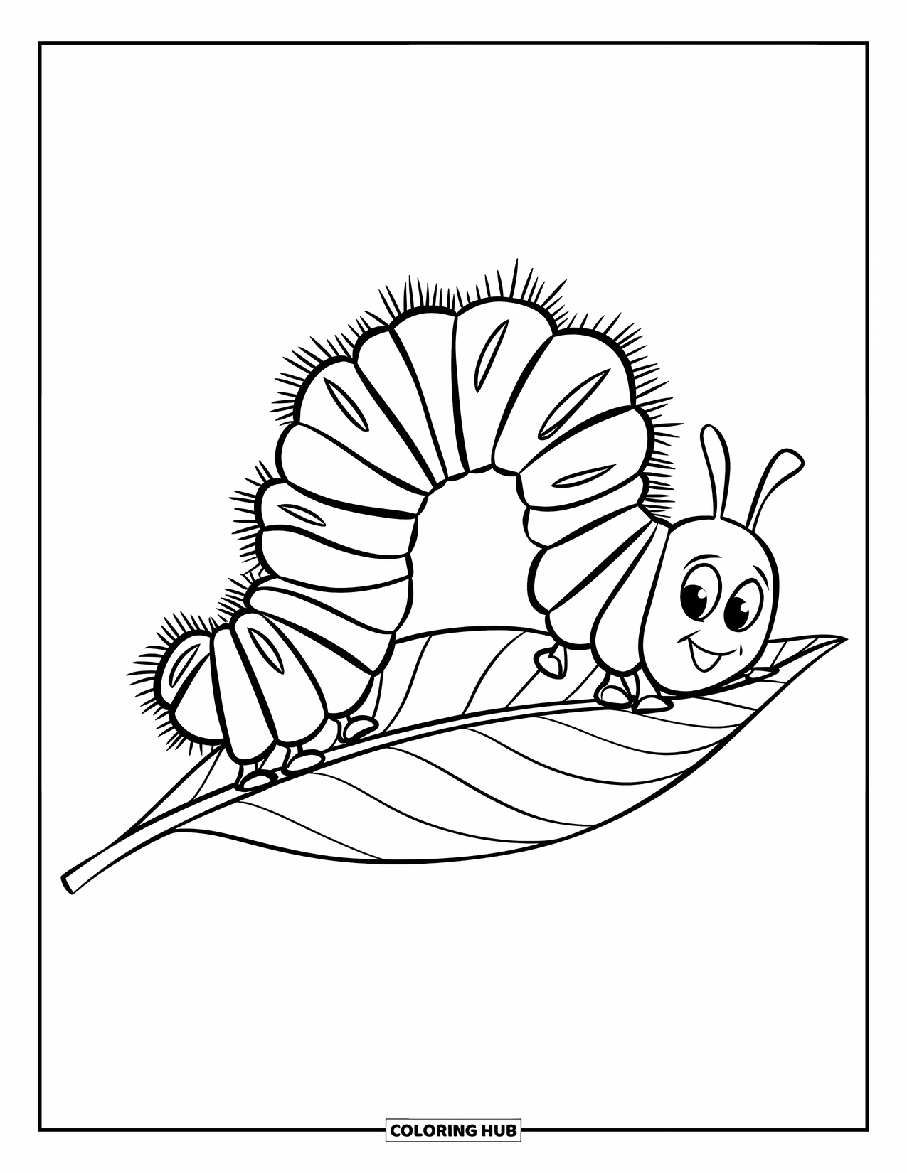 Desenho de Lagarta para Colorir para Crianças: Uma lagarta com oito pernas e um sorriso largo rasteja sobre uma folha grande