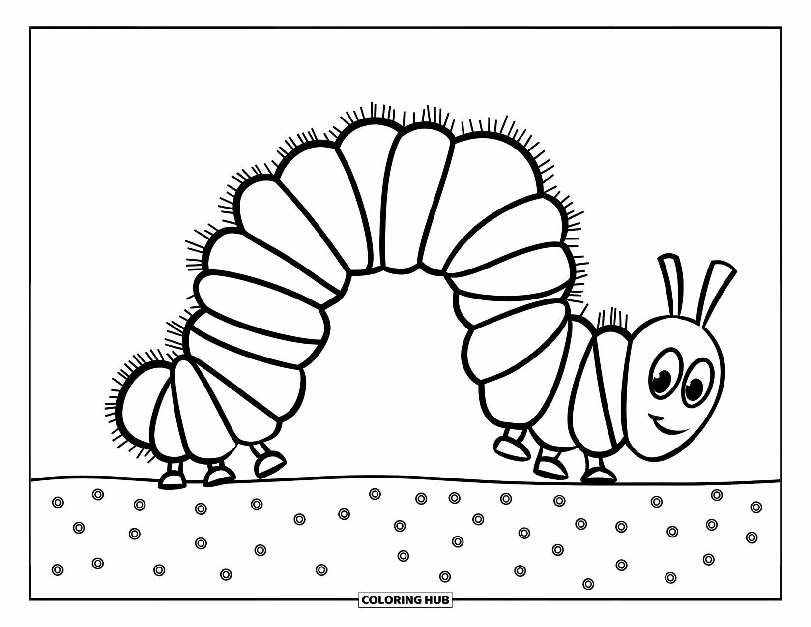 Desenho de Lagarta para Colorir para Crianças: Uma lagarta alegre feita de círculos ousados se move através de um campo gramado plano