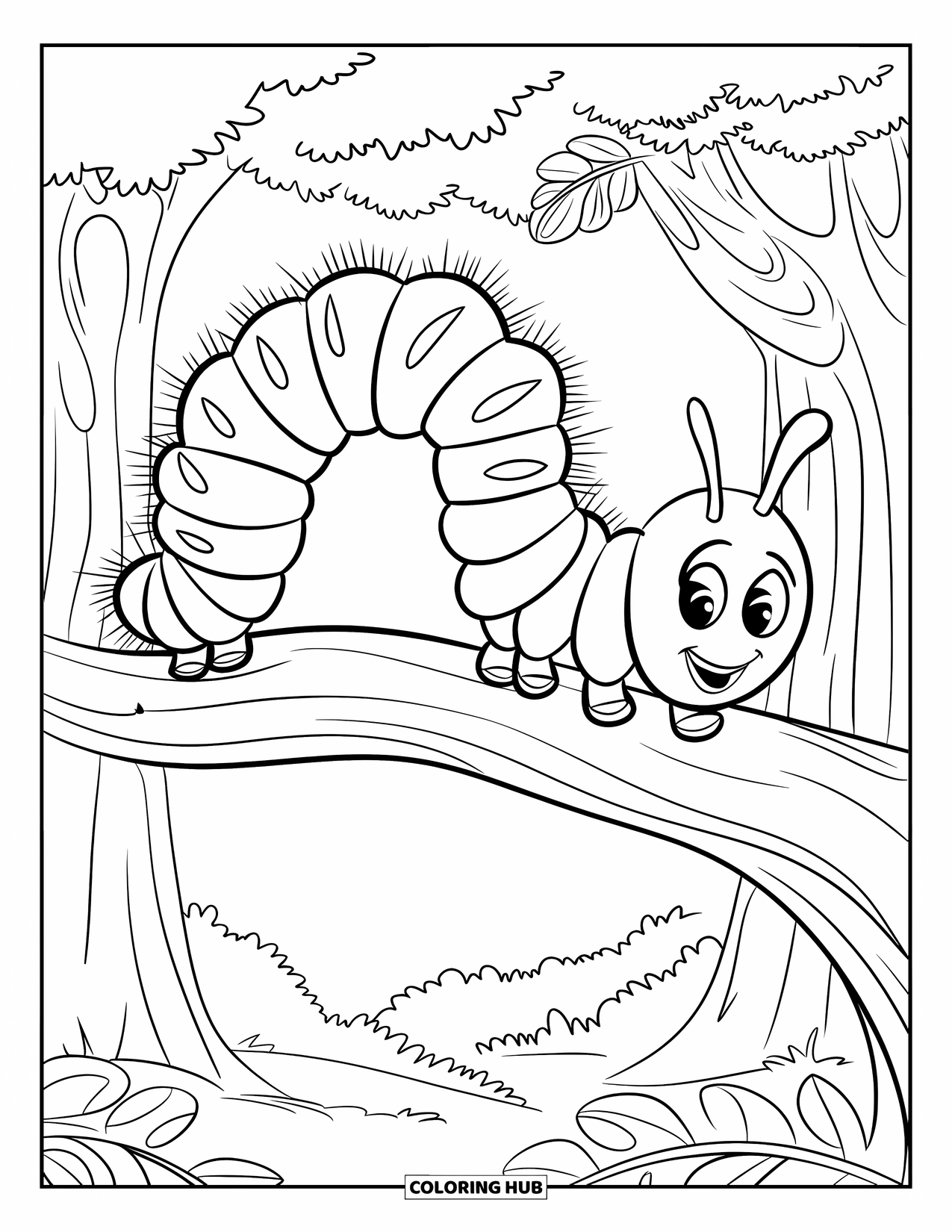 Desenho de Lagarta para Colorir para Crianças: Uma lagarta alegre se move ao longo de um galho de árvore frondoso na floresta
