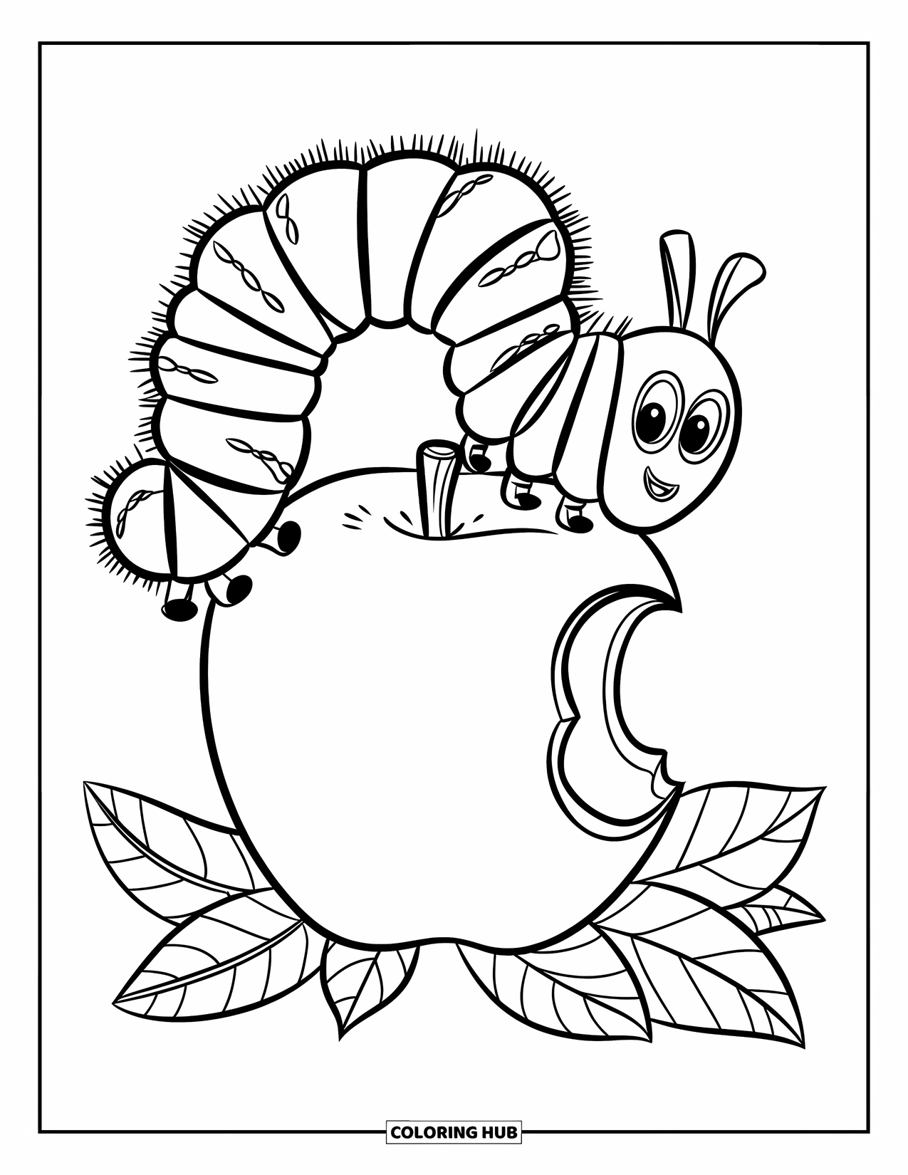 Desenho de Lagarta para Colorir para Crianças: Uma lagarta alegre descansa em uma maçã mordiscada com folhas por perto