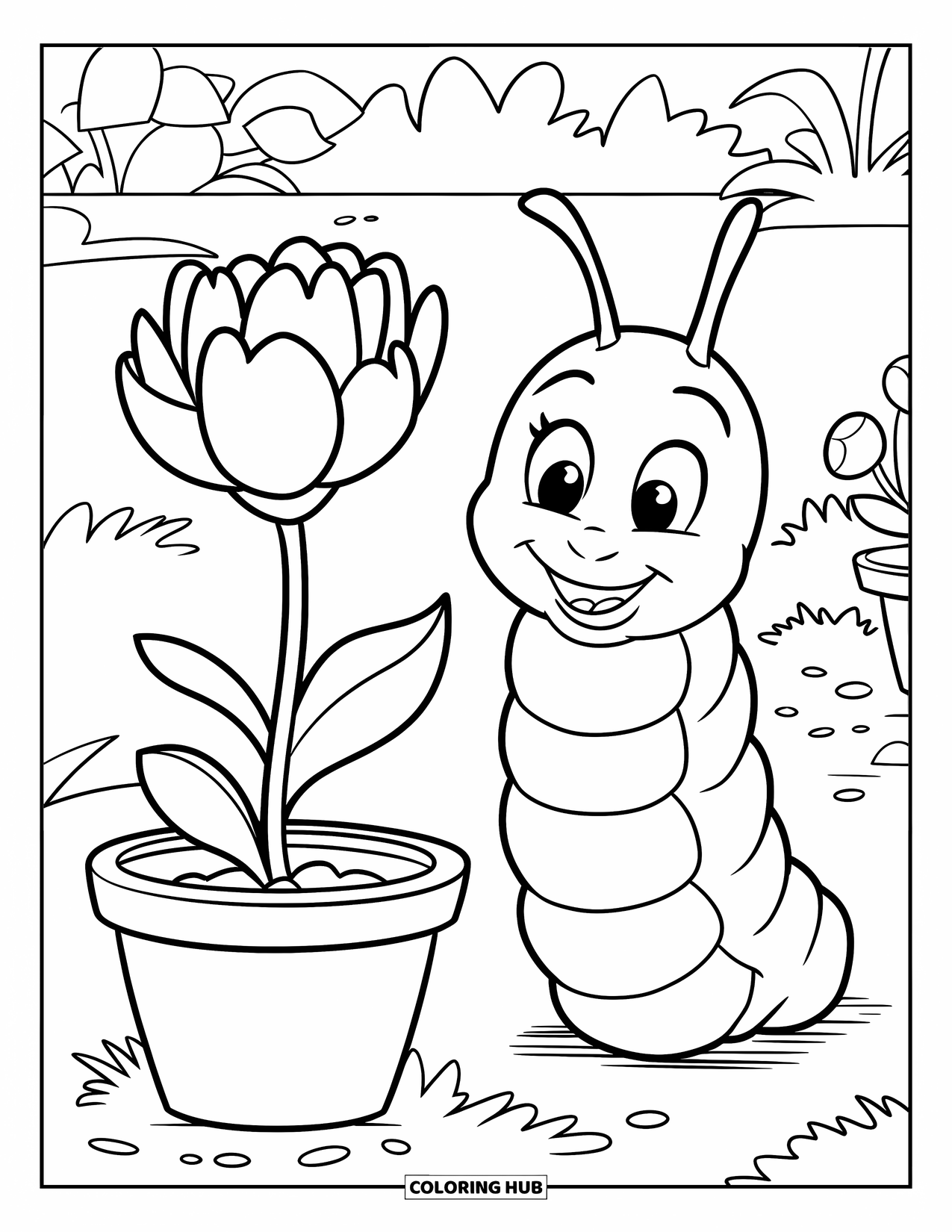 Desenho de Lagarta para Colorir para Crianças: Uma lagarta alegre senta-se perto de uma flor em vaso em um pequeno jardim