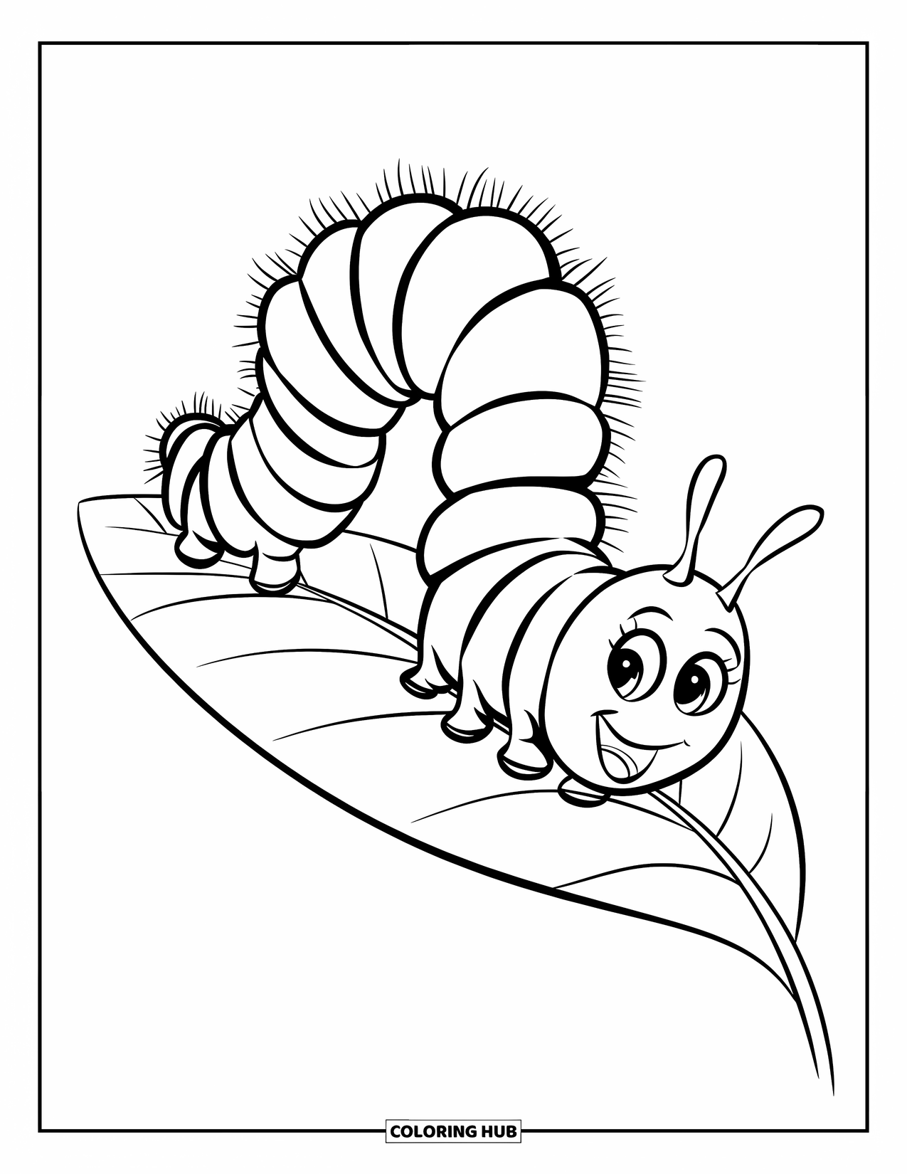 Desenho de Lagarta para Colorir para Crianças: Uma lagarta alegre com um grande sorriso se move ao longo de uma folha com nervuras