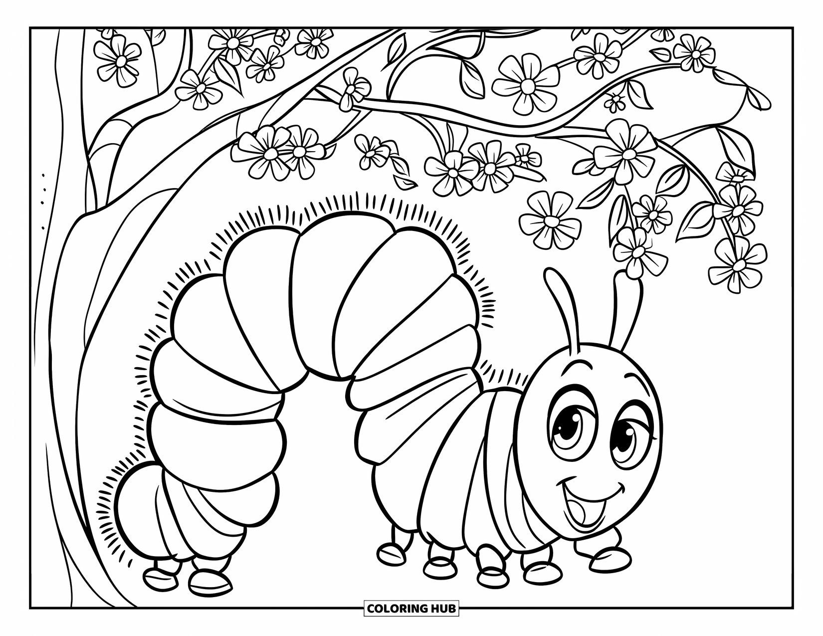 Desenho de Lagarta para Colorir para Crianças: Uma lagarta fofa usando uma coleira descansa sob galhos de árvores floridas