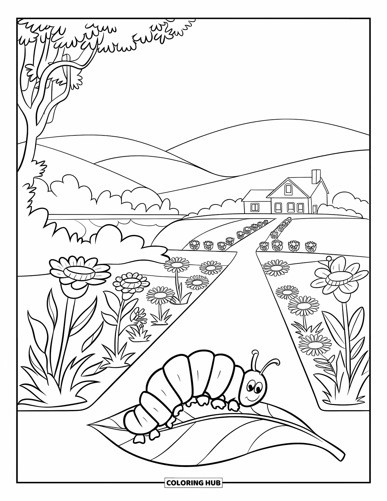 Desenho de Lagarta para Colorir para Crianças: Um caminho de jardim serpenteia pelas flores enquanto uma lagarta rasteja em uma folha próxima