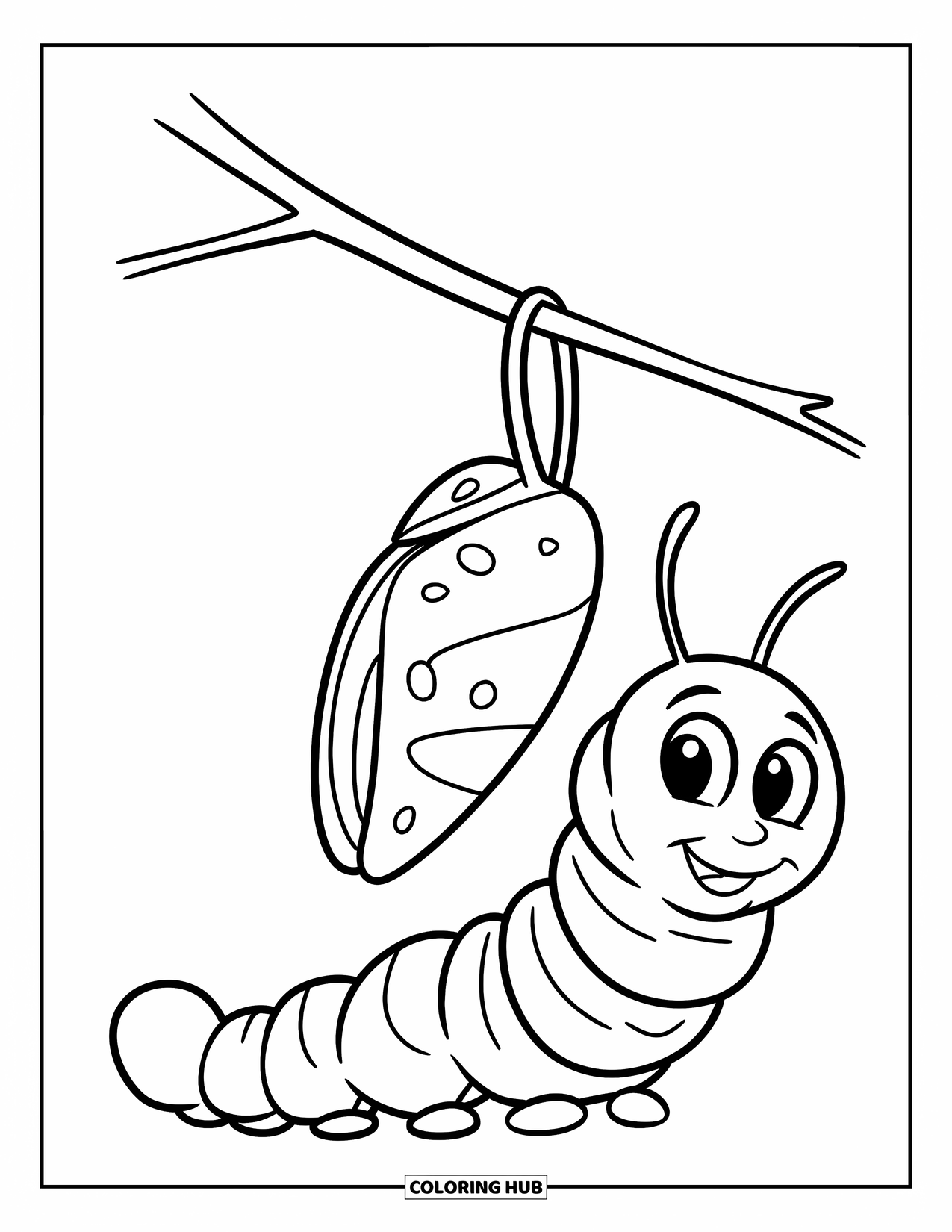 Desenho de Lagarta para Colorir para Crianças: Uma lagarta feliz descansa sob uma crisálida pendurada em um galho curvo